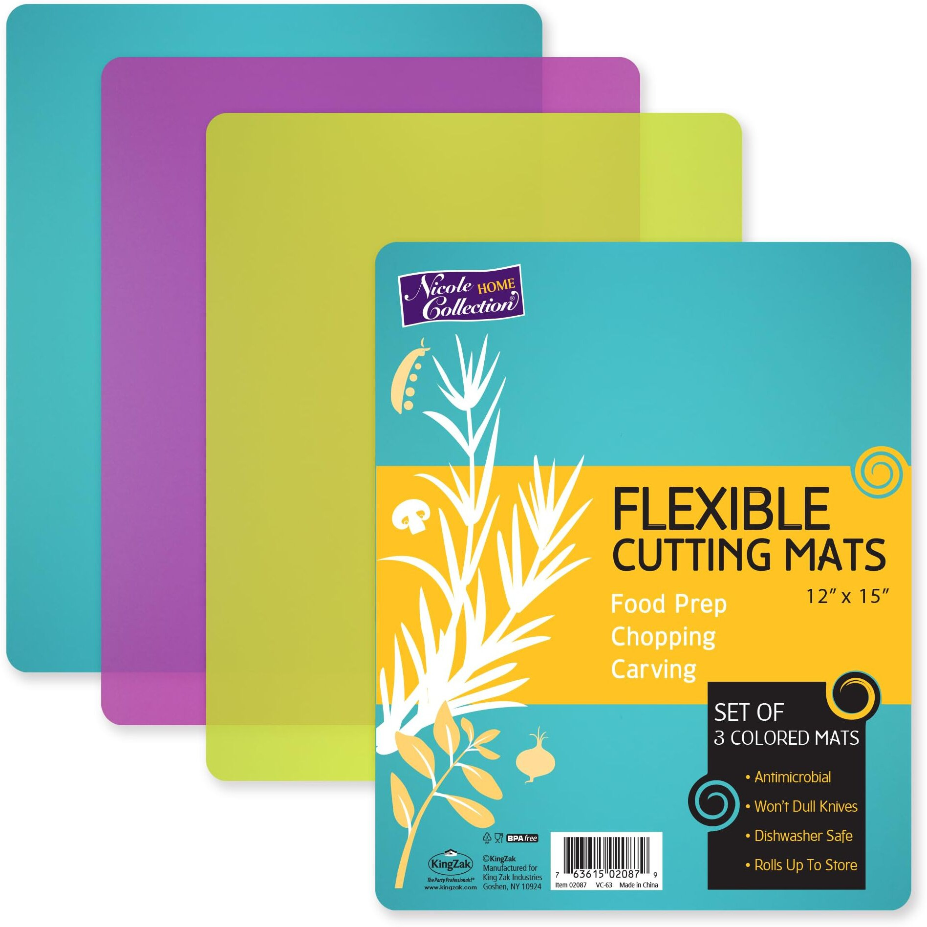 Flexible 3 Colored Cutting Board Mats Set  Plastic  Colorful For Kitchen