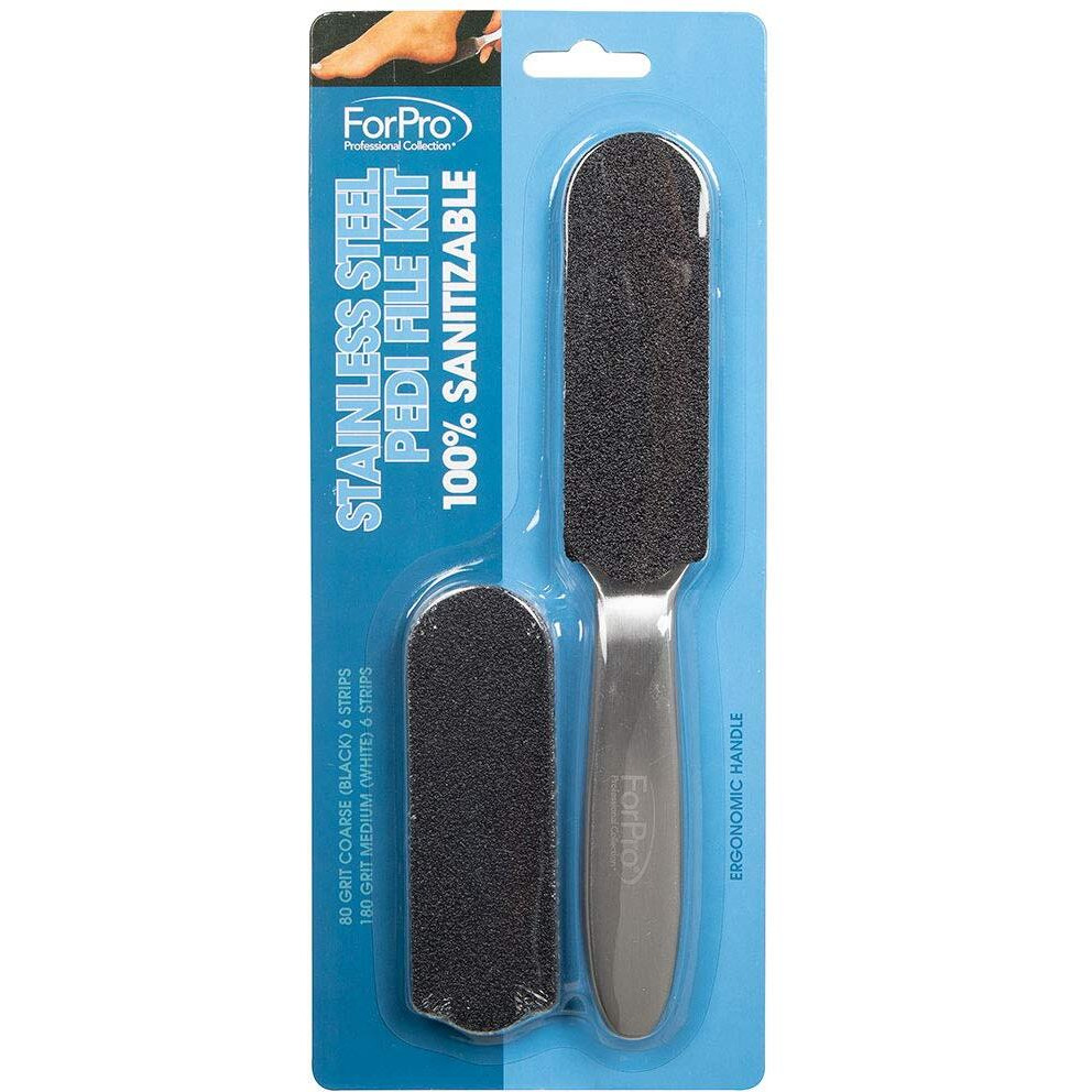 Forpro Professional Collection Stainless Steel Pedi File Kit - 100% Sanitizable Pedicure File For Heels And Feet - Includes Six Black 80 Grit And Six White 180 Grit Refill Strips- 8.5"" L