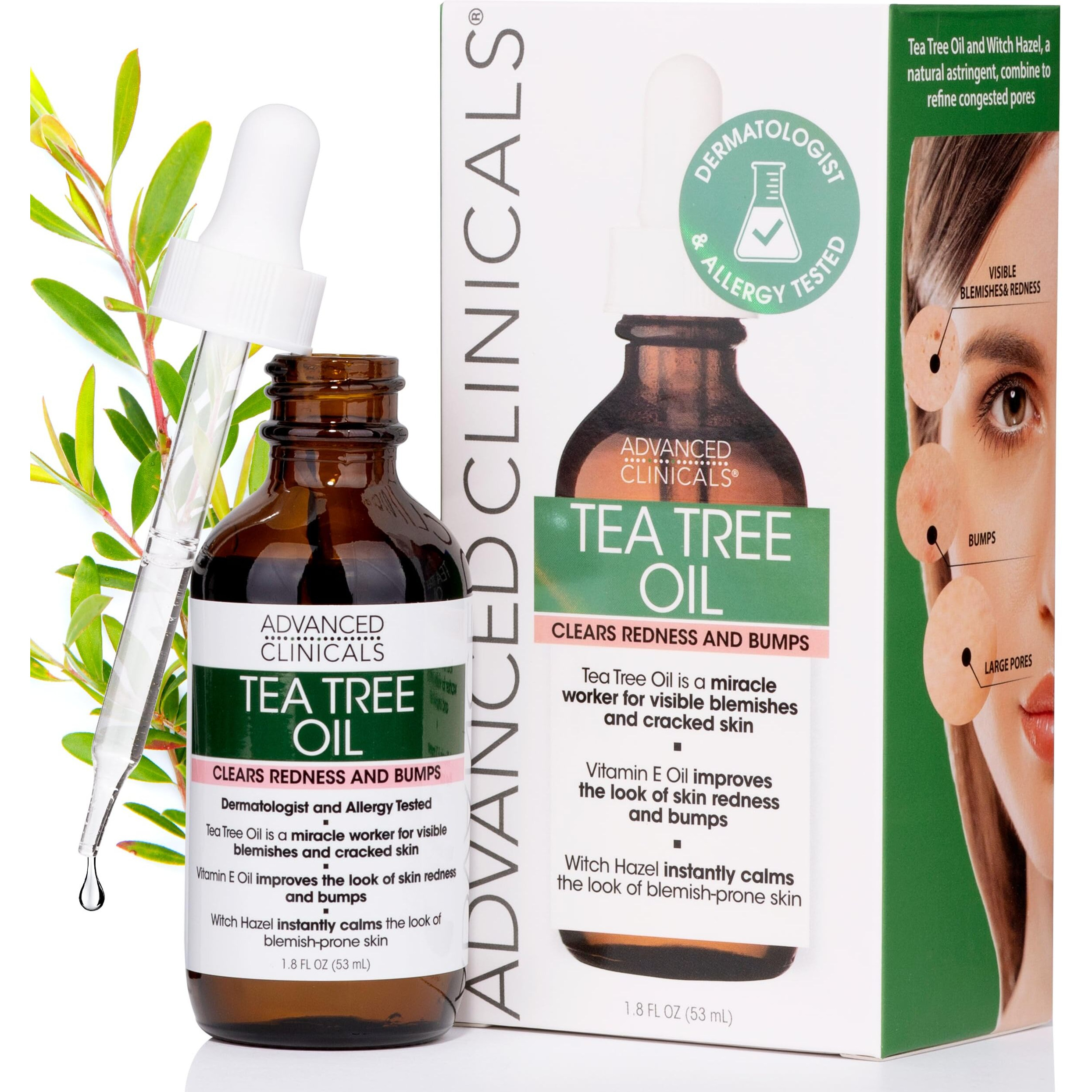 Advanced Clinicals Tea Tree Oil For Skin | Acne Patch Vegan Facial Serum | Targets Redness  Bumps  Acne Scars | Vegan 100% Organic Pure Tea Tree Oil For Face W/Vitamin E & Witch Hazel  1.8 Fl Oz