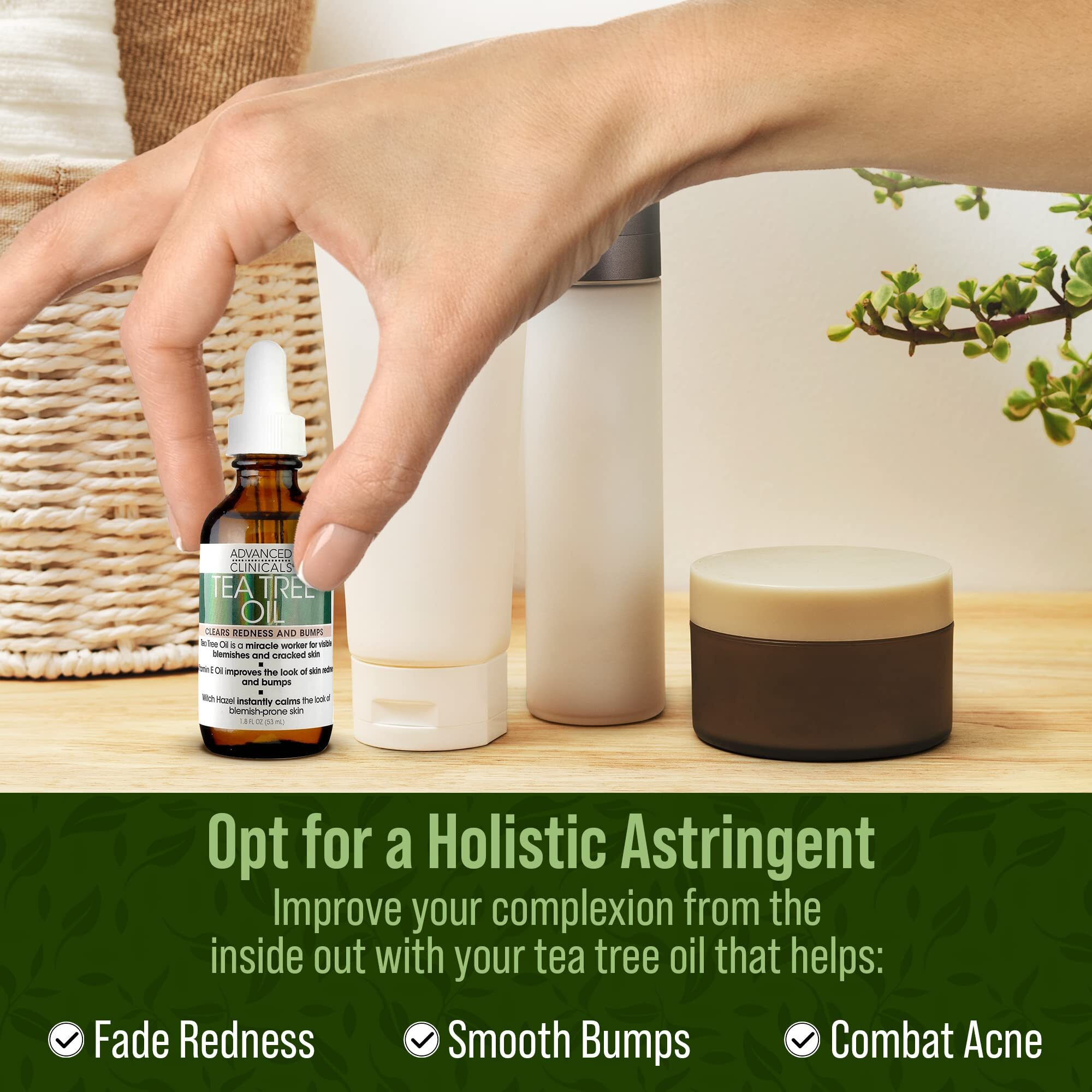 Advanced Clinicals Tea Tree Oil For Skin | Acne Patch Vegan Facial Serum | Targets Redness  Bumps  Acne Scars | Vegan 100% Organic Pure Tea Tree Oil For Face W/Vitamin E & Witch Hazel  1.8 Fl Oz