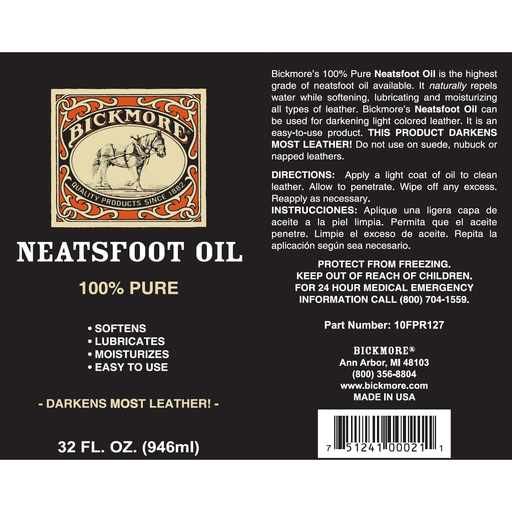 Bickmore 100% Pure Neatsfoot Oil 32 Oz - Leather Conditioner And Wood Finish