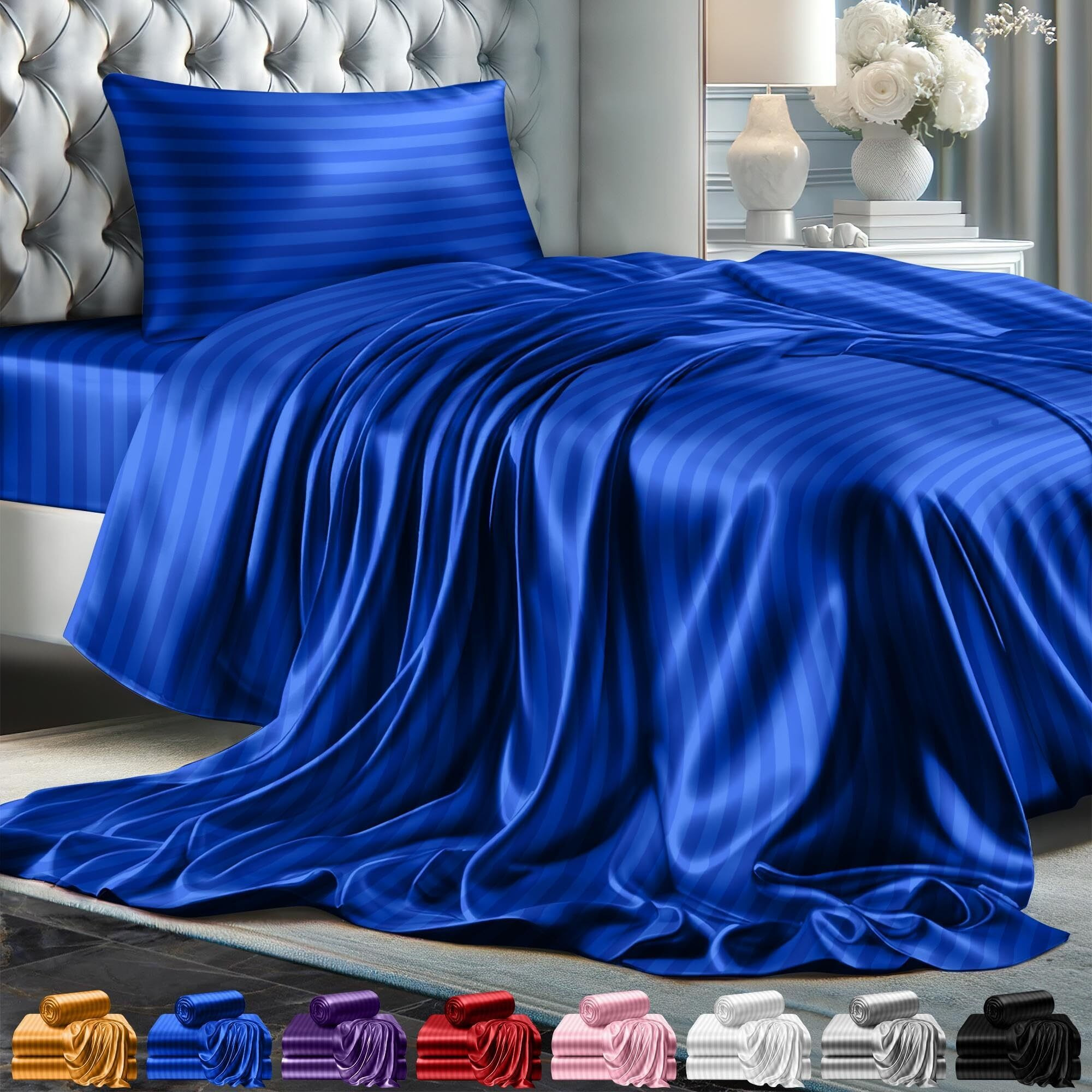 Decolure Striped Satin Sheets Twin Size Set 3 Pcs - Silky & Luxuriously Soft Satin Bed Sheets W/ 15 Inch Deep Pocket - Double Stitching  Wrinkle Free (Blue)