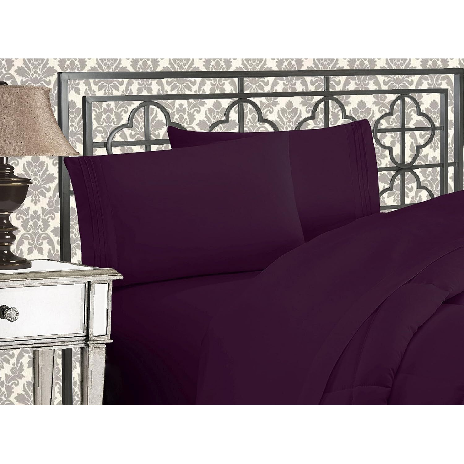 Elegant Comfort Luxurious 1500 Premium Hotel Quality Microfiber Three Line Embroidered Softest 5-Piece Bed Sheet Set  Wrinkle And Fade Resistant  Split King  Purple