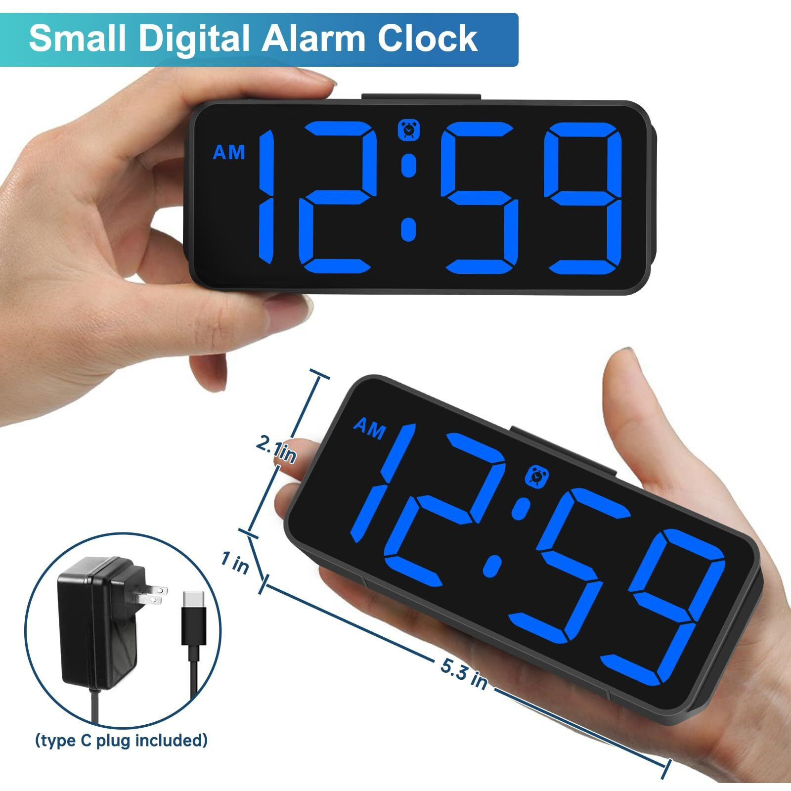 Peakeep Small Digital Alarm Clock Plug In For Bedrooms Bedside  Tiny Electric Clock Large Big Numbers Display With Battery Backup For Desk Table  6 Dimmers  5 Adjustable Alarm Volumes (Blue)