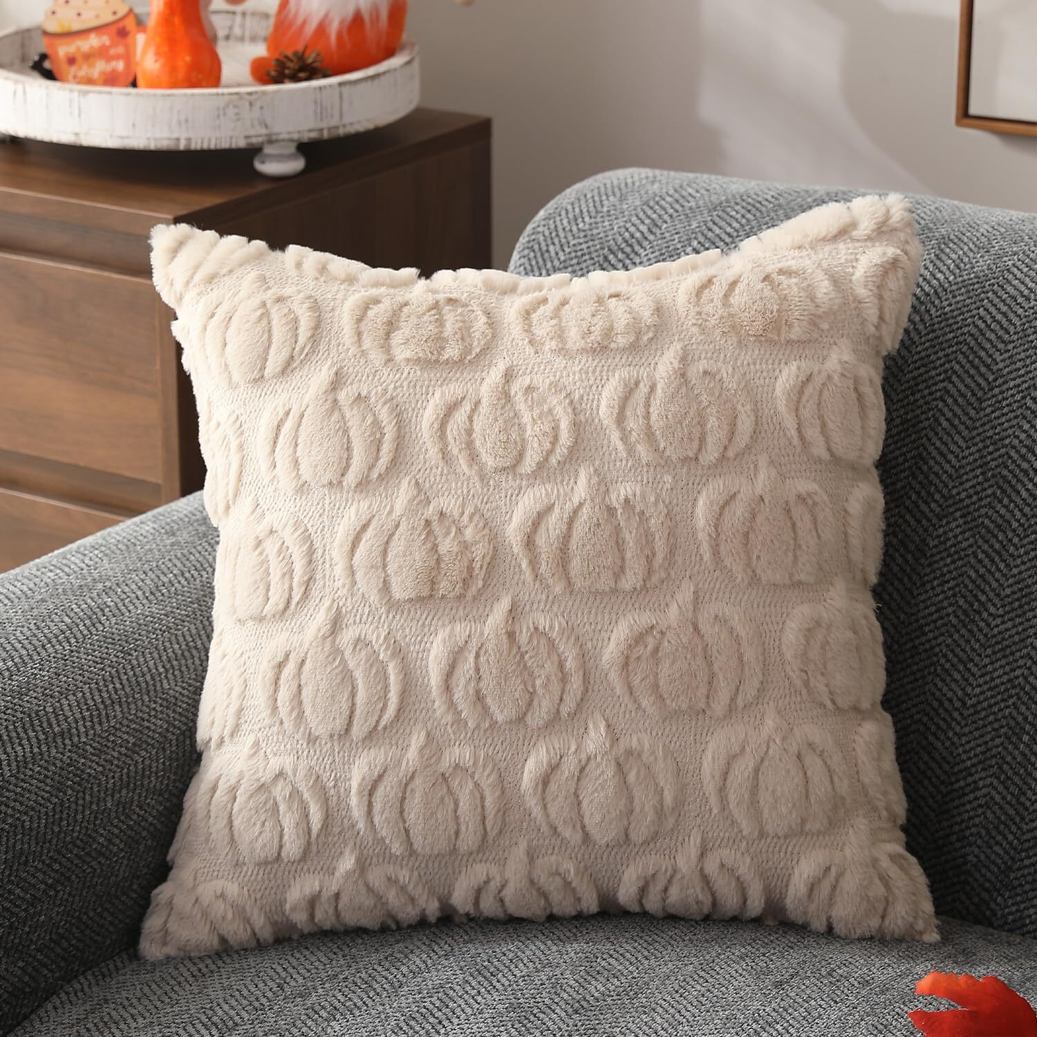 Dfxsz Fall Pillow Covers 18X18 Set Of 2 Fall Decorations Autumn Beige Pumpkin Throw Pillow Cases Soft Plush Faux Fur Wool Couch Cushion Case For Chair Sofa Bedroom Living Room Home Decor Ptk02B18