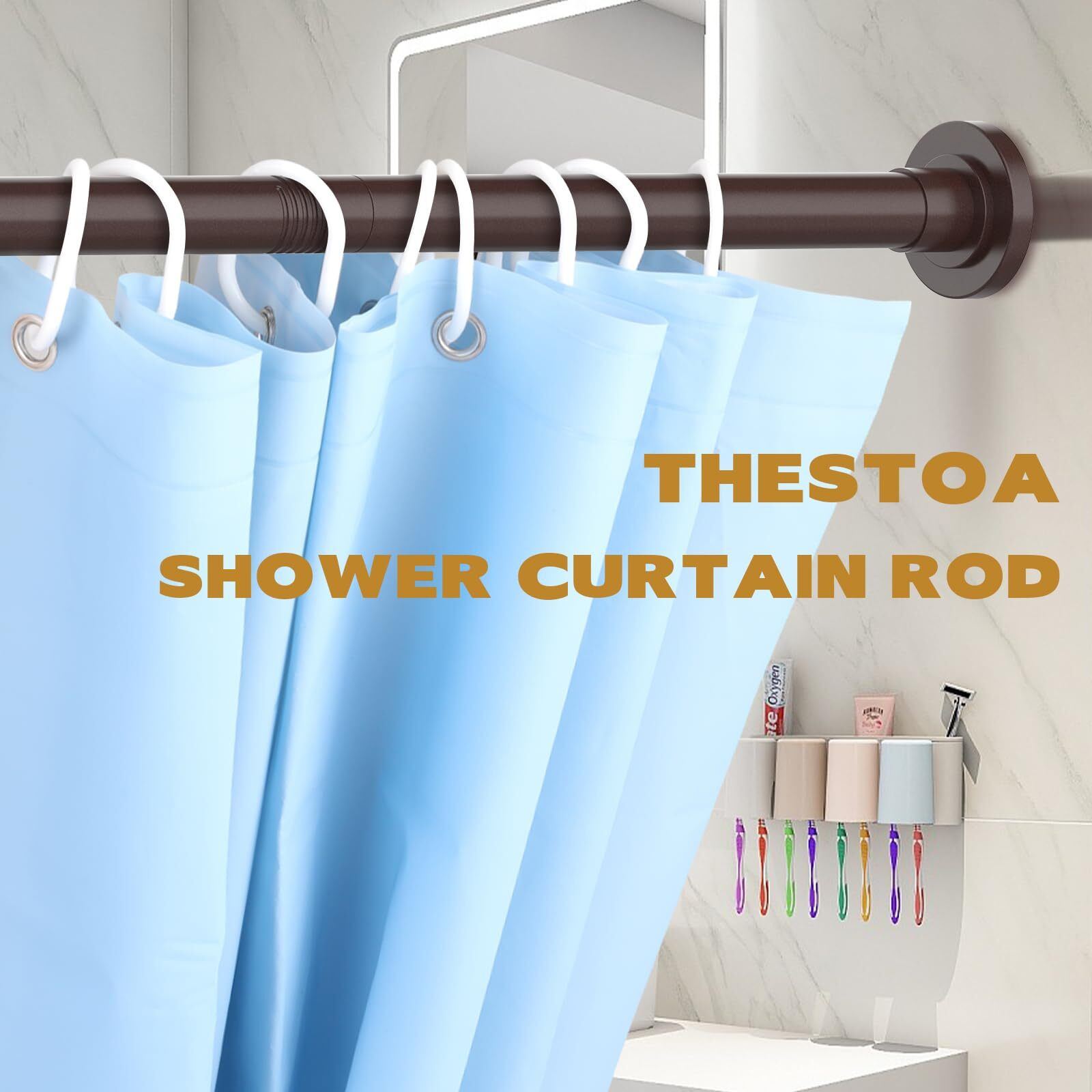 Thestoa Bronze Shower Curtain Rod Adjustable 30-80"" With Holder  Anti-Rust Shower Rod & Spring Tension Shower Rod No Drill  Shower Curtain Rod For Bathroom Tension Rod