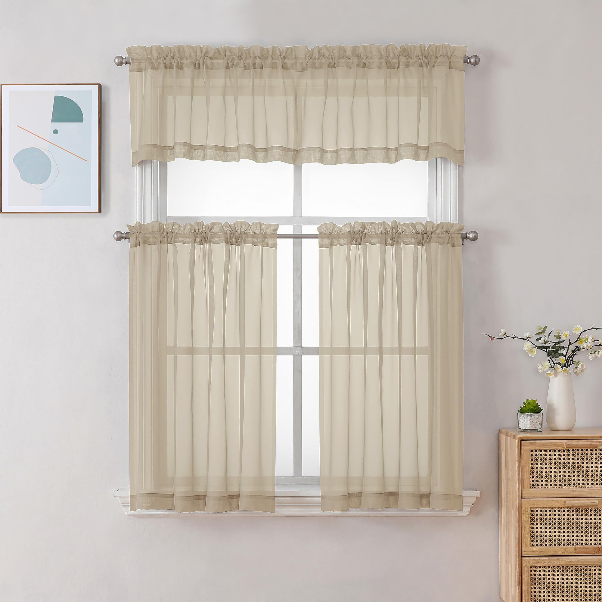 Chyhomenyc Sheer Taupe Tier Curtains 24 Inch Length  Small Window Curtains Treatment For Bathroom Living Room Basement  Short Rod Pocket Cafe Curtains  42W X 24L Inches  2 Panels
