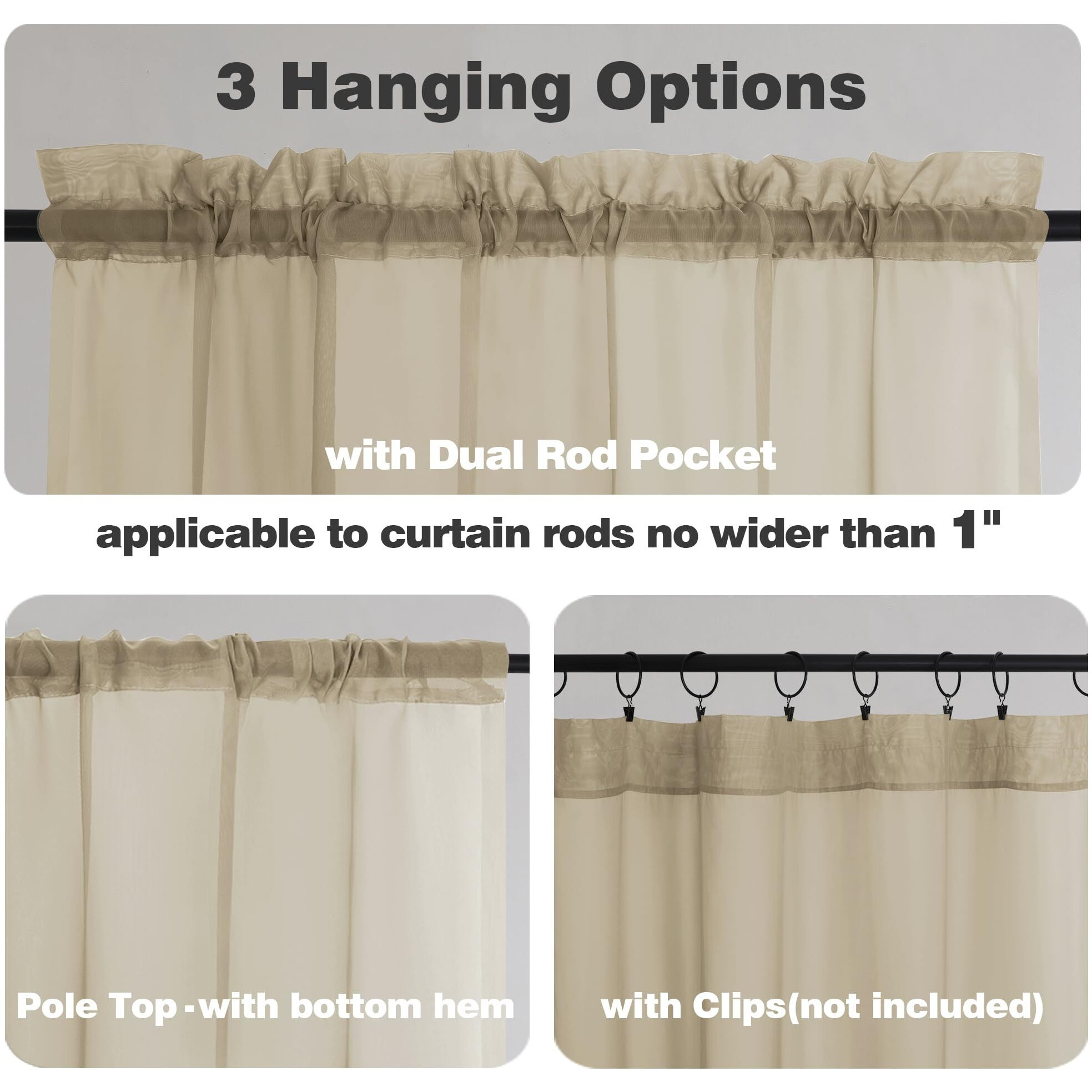 Chyhomenyc Sheer Taupe Tier Curtains 24 Inch Length  Small Window Curtains Treatment For Bathroom Living Room Basement  Short Rod Pocket Cafe Curtains  42W X 24L Inches  2 Panels