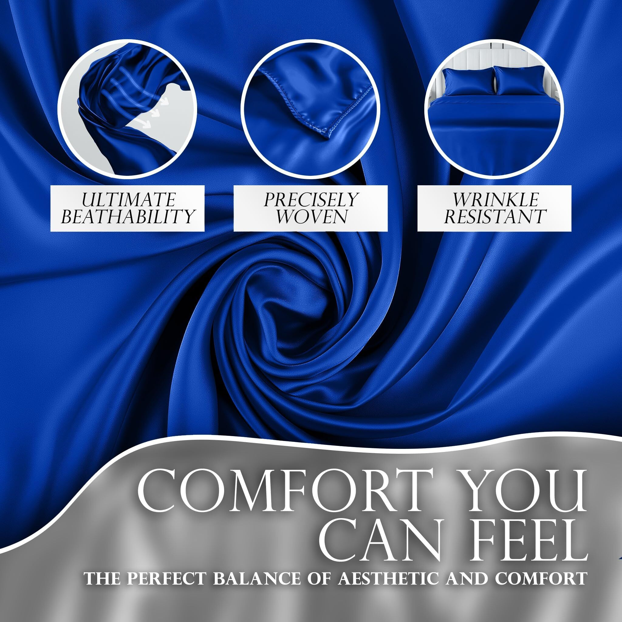 Decolure Satin Sheets Full Size Set 4 Pcs - Silky & Luxuriously Soft Satin Bed Sheets W/ 15 Inch Deep Pocket - Double Stitching  Wrinkle Free (Blue)