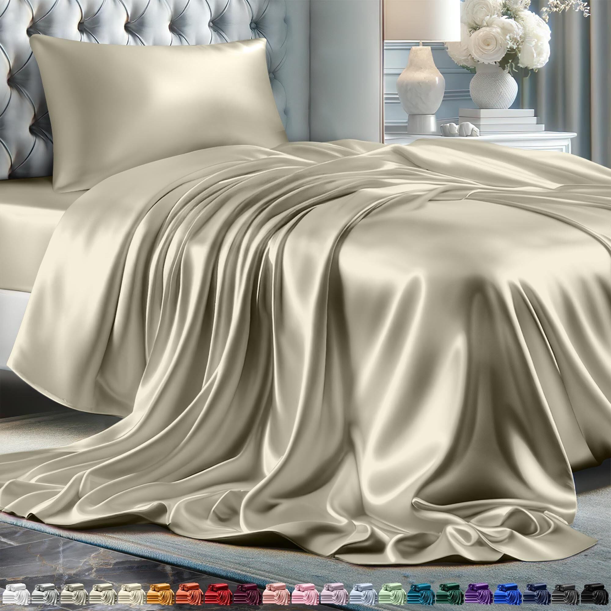 Decolure Satin Sheets Twin Size Set 3 Pcs - Silky & Luxuriously Soft Satin Bed Sheets W/ 15 Inch Deep Pocket - Similar To Silk Sheets - Double Stitching  Wrinkle Free (Taupe)