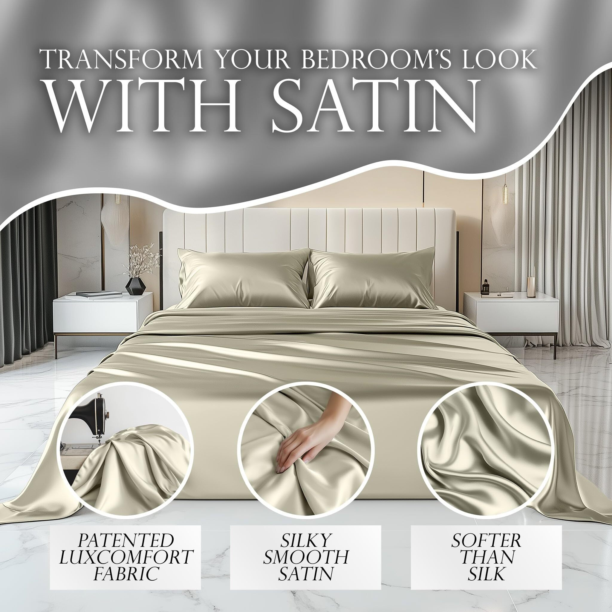 Decolure Satin Sheets Twin Size Set 3 Pcs - Silky & Luxuriously Soft Satin Bed Sheets W/ 15 Inch Deep Pocket - Similar To Silk Sheets - Double Stitching  Wrinkle Free (Taupe)