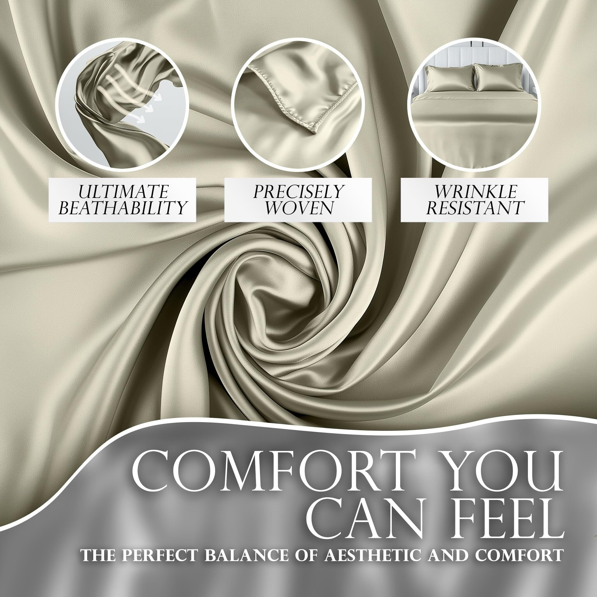 Decolure Satin Sheets Twin Size Set 3 Pcs - Silky & Luxuriously Soft Satin Bed Sheets W/ 15 Inch Deep Pocket - Similar To Silk Sheets - Double Stitching  Wrinkle Free (Taupe)