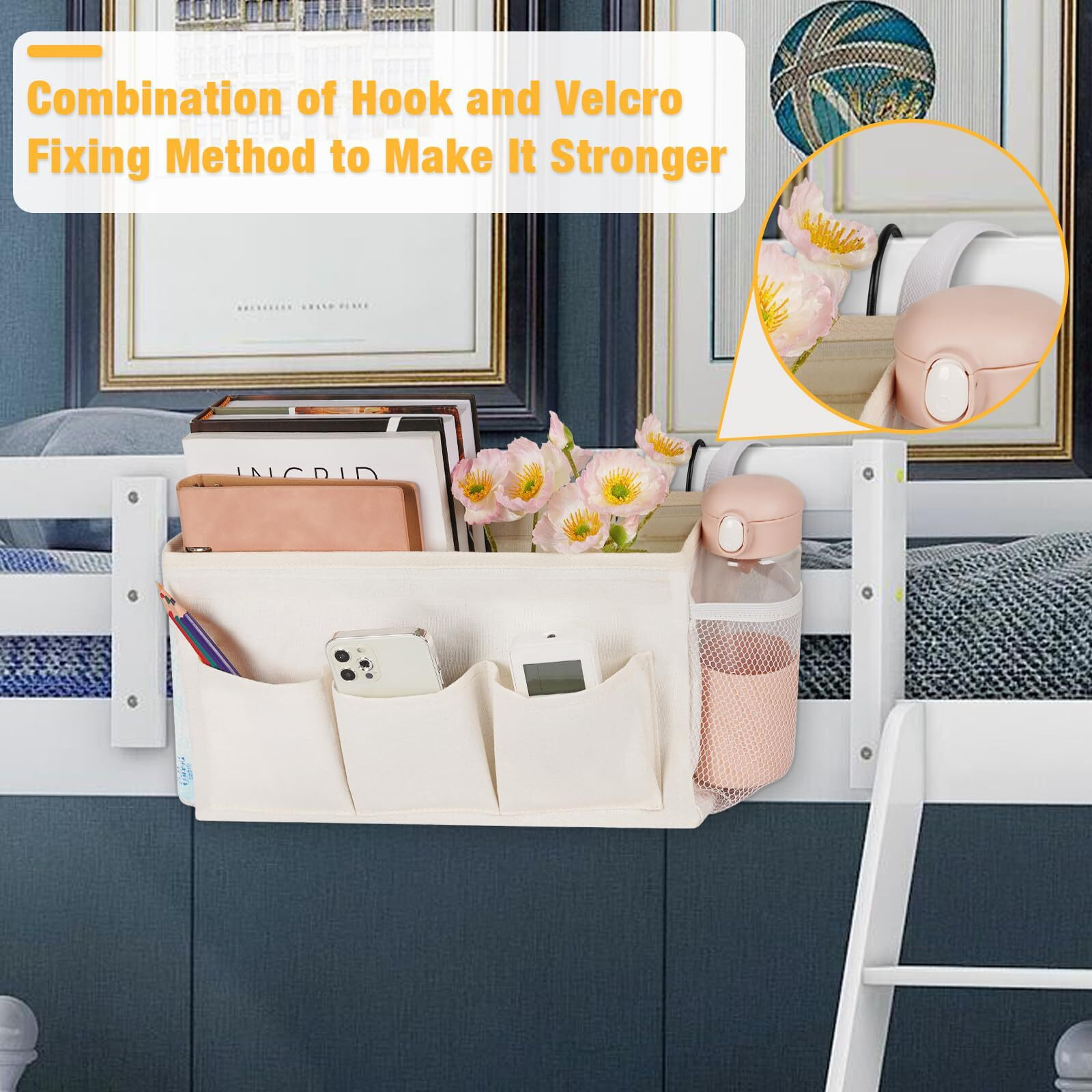 Lilithye Bedside Caddy Bedside Organizer Bedside Storage Caddy With Fixed Straps And Water Bottle Holder For Home College Dorm Bunk Bed Hospital Bed Crib Bed Rails (White)