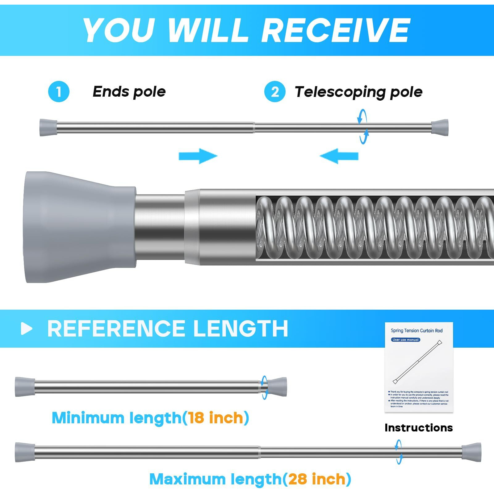 Tension Rod 18 To 28 Inch Sliver Tension Curtain Rod No Drill Spring Tension Rod 2Pack Small Tension Rod For Cupboard Closet Bookshelf Diy Projects Wardrobe Spring Loaded Curtain Rods