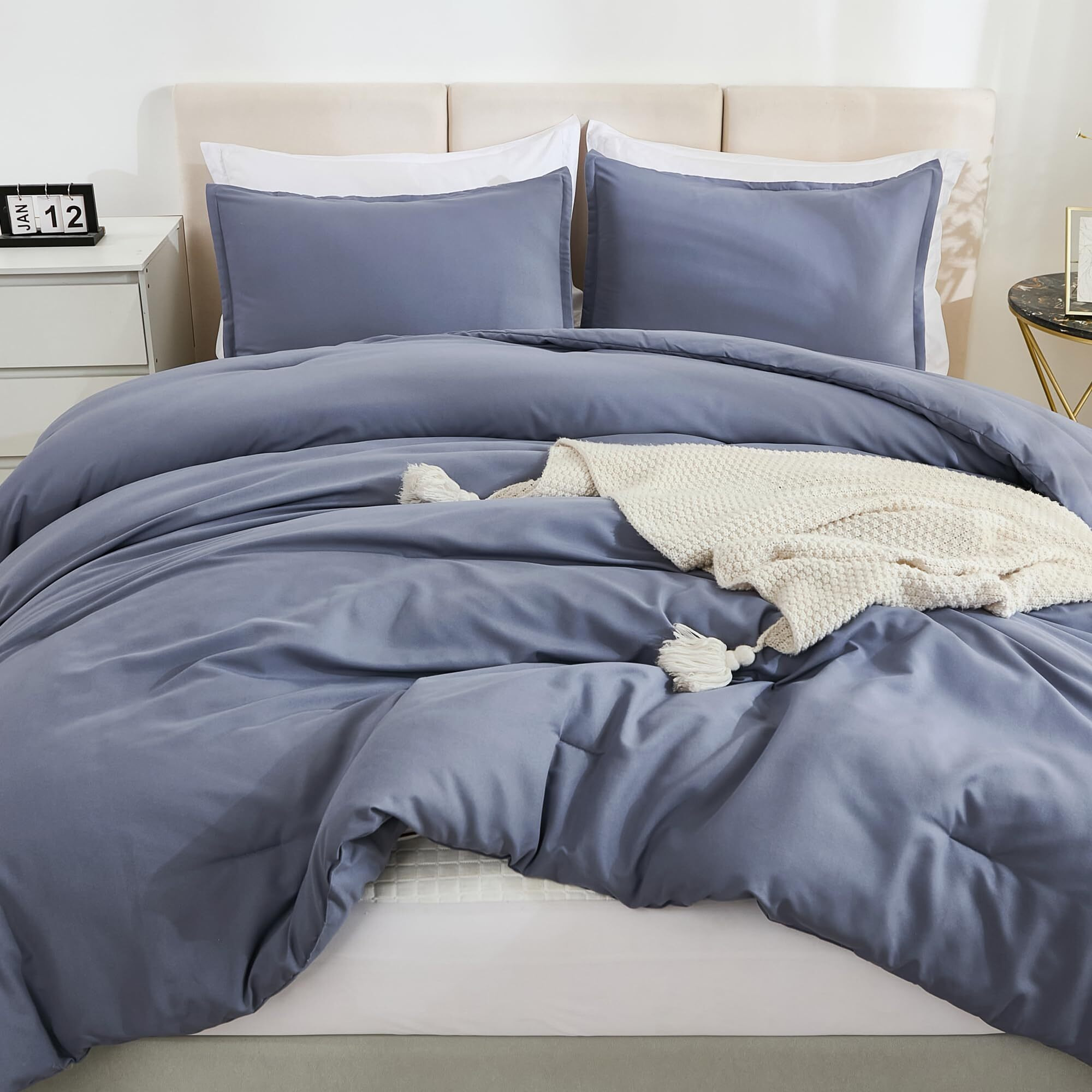 Litanika Comforters Bluish Grey Queen Size  3 Pieces Lightweight Solid Bedding Set & Collections  All Season Fluffy Bed Set (90X90In Comforter & 2 Pillowcases)