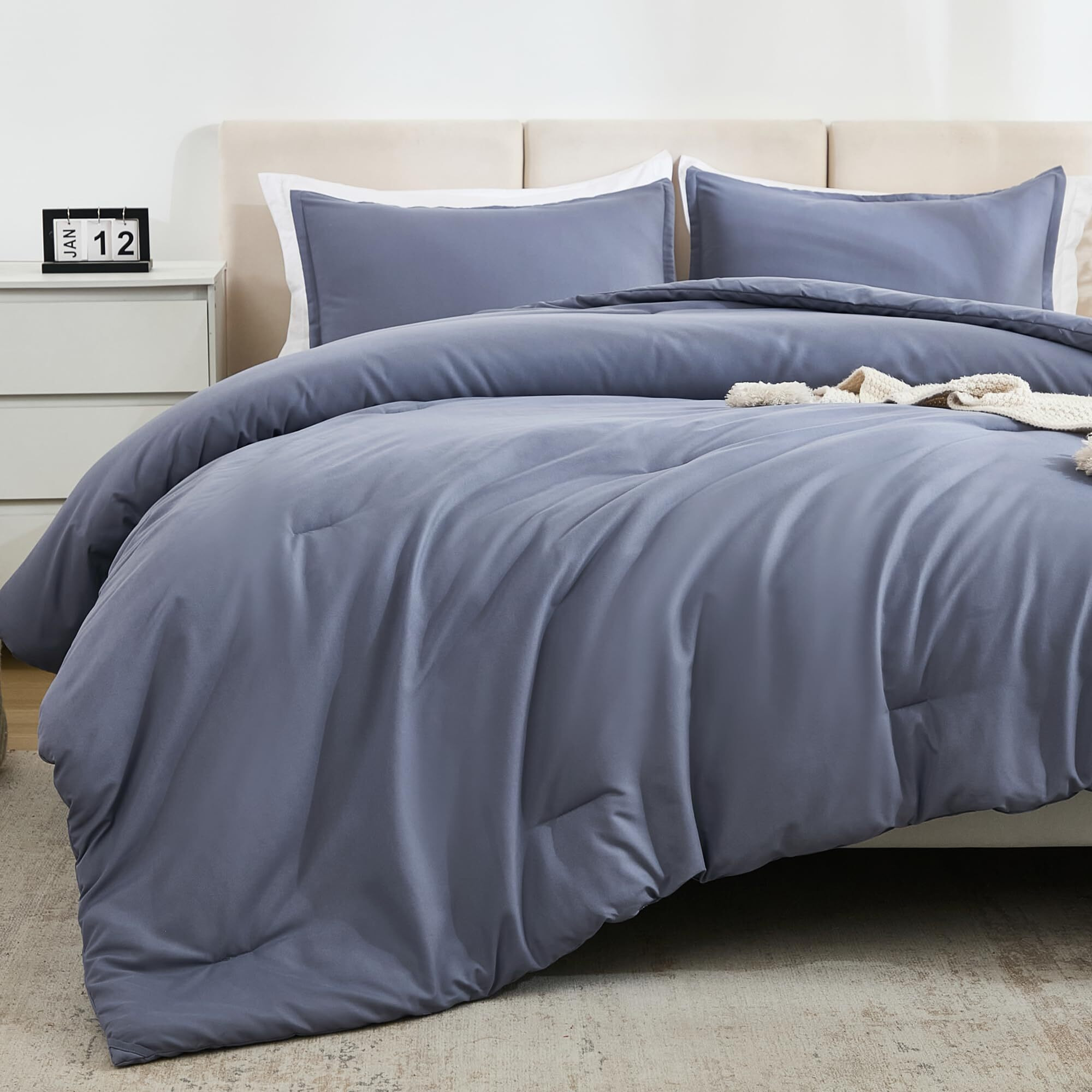 Litanika Comforters Bluish Grey Queen Size  3 Pieces Lightweight Solid Bedding Set & Collections  All Season Fluffy Bed Set (90X90In Comforter & 2 Pillowcases)