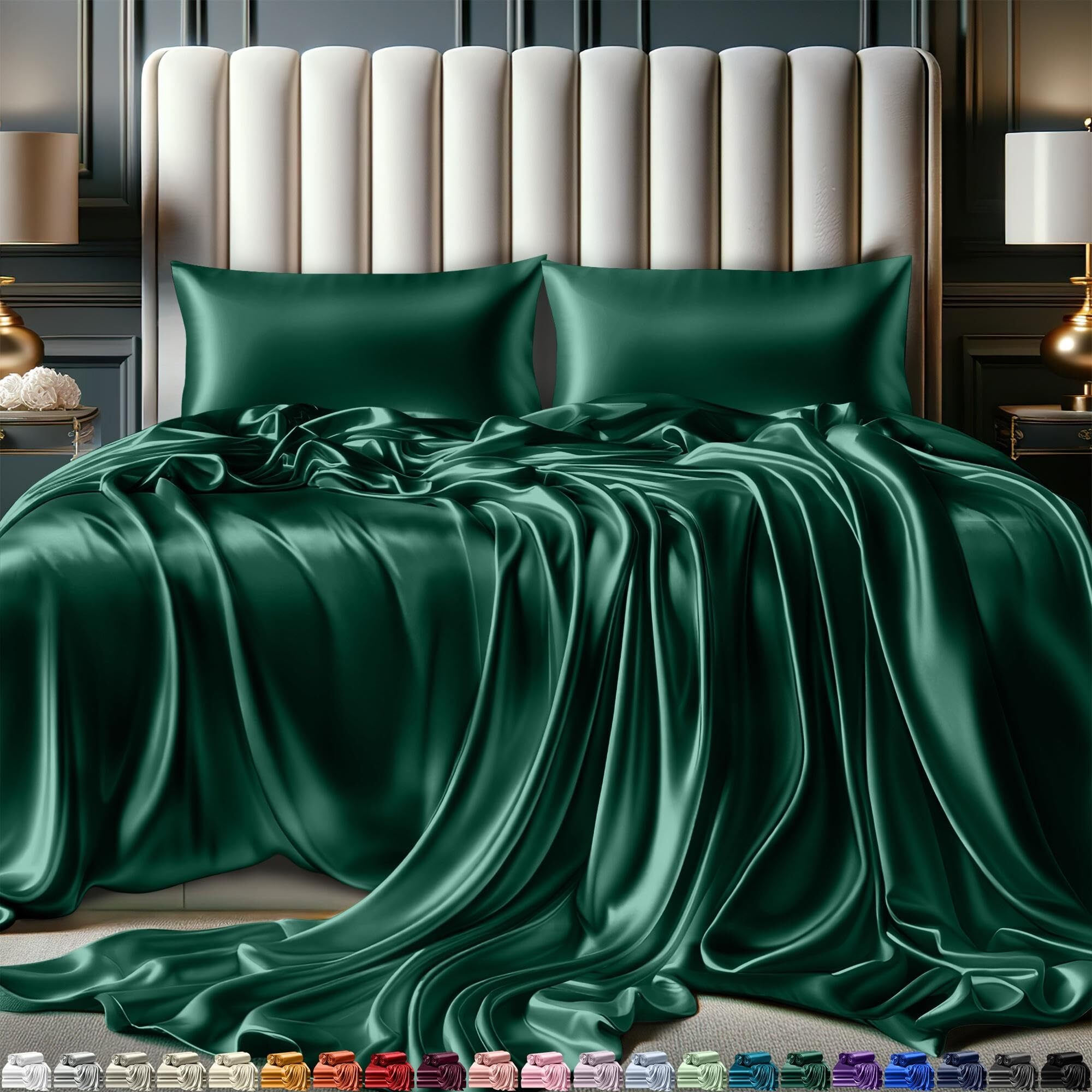 Decolure Satin Sheets Full Size Bed Set 4 Pcs - Elegant Satin Bed Sheets W/ 15 Inch Deep Pocket - Hypoallergenic  Double Stitching  Wrinkle Free - Silky & Luxuriously Soft Satin Bedding (Dark Green)