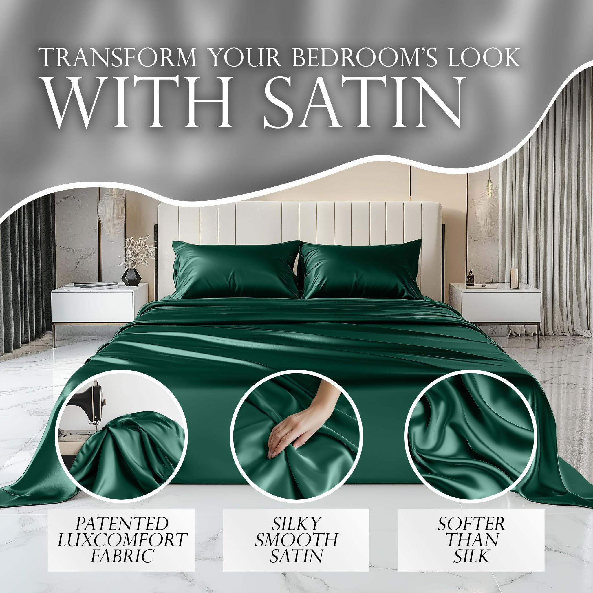 Decolure Satin Sheets Full Size Bed Set 4 Pcs - Elegant Satin Bed Sheets W/ 15 Inch Deep Pocket - Hypoallergenic  Double Stitching  Wrinkle Free - Silky & Luxuriously Soft Satin Bedding (Dark Green)