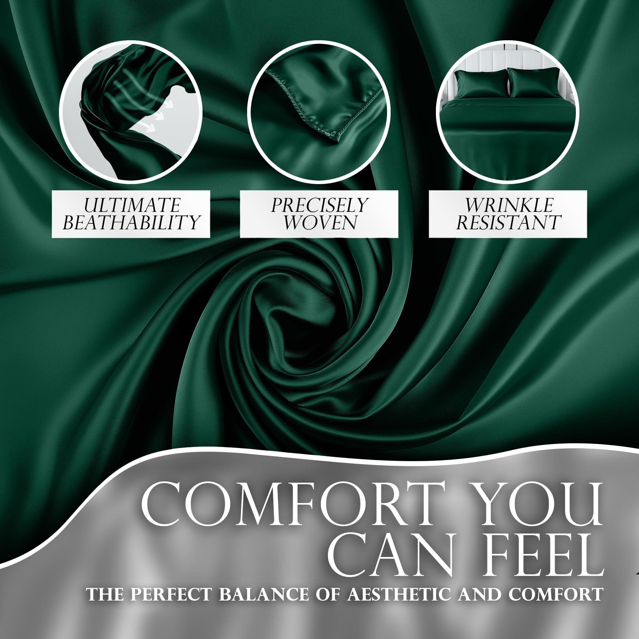 Decolure Satin Sheets Full Size Bed Set 4 Pcs - Elegant Satin Bed Sheets W/ 15 Inch Deep Pocket - Hypoallergenic  Double Stitching  Wrinkle Free - Silky & Luxuriously Soft Satin Bedding (Dark Green)