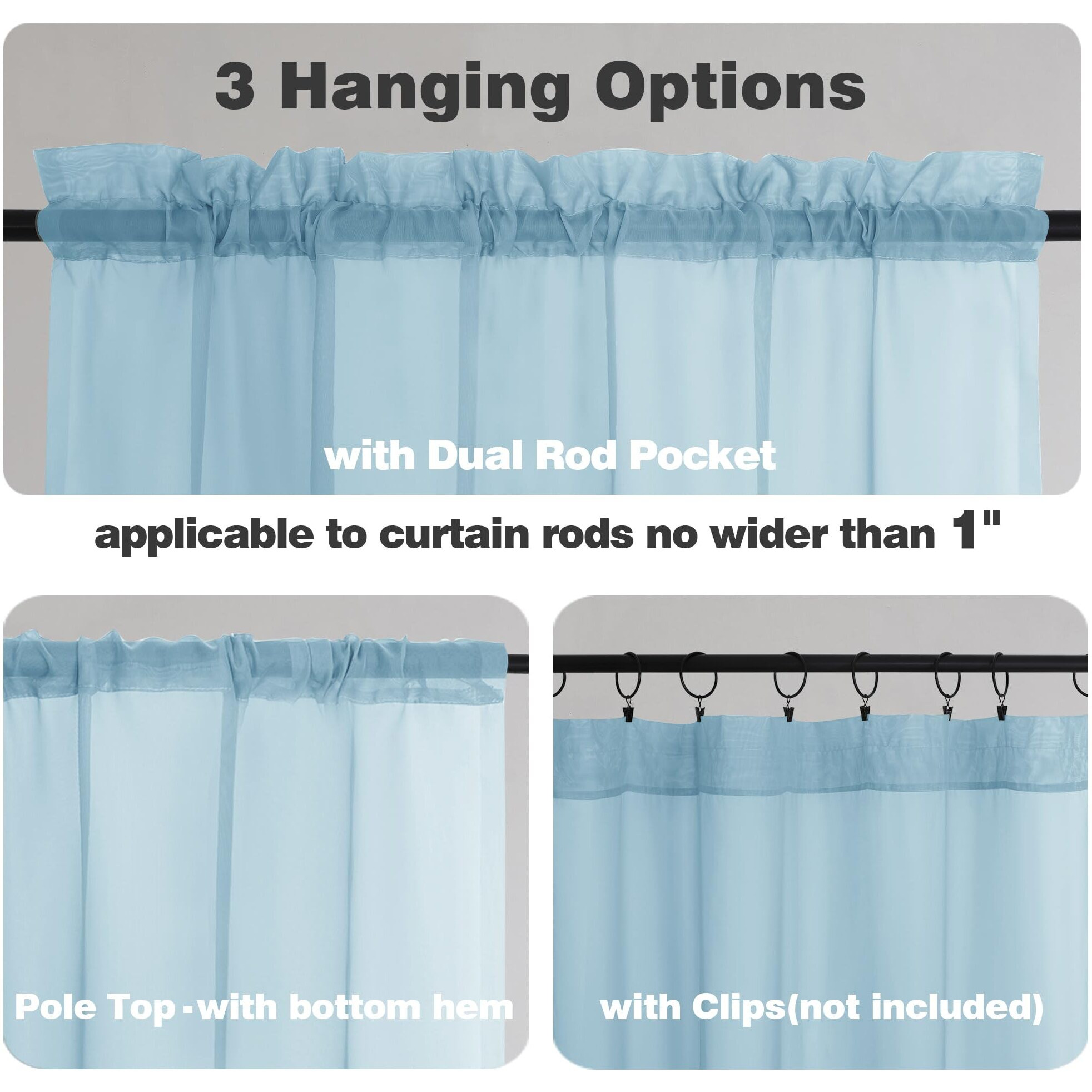 Chyhomenyc Sky Blue Sheer Curtains 45 Inch Long 2 Panels  Light Filtering Rod Pocket Voile Short Curtains Drapes For Living Room Bedroom Small Windows  42Wx45L Inches