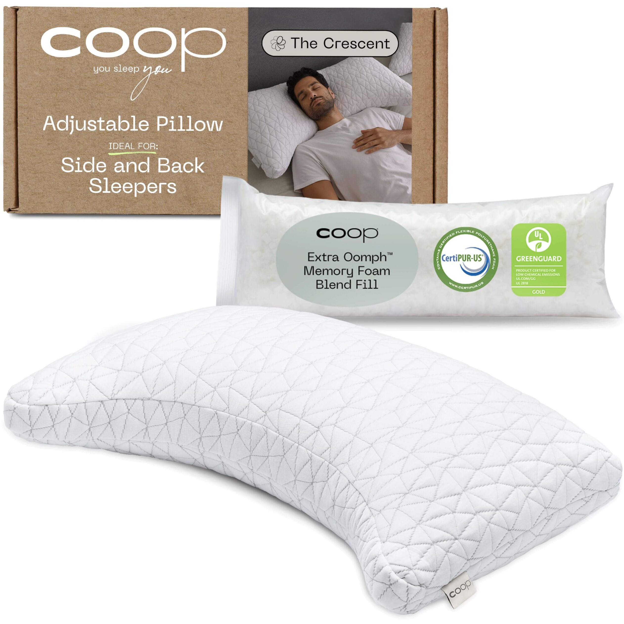 Coop Home Goods Original Crescent Adjustable Pillow  Queen Bed Pillows For Shoulder  Neck & Head Support  Crescent Foam Pillows - Medium Firm For Back & Side Sleeper  Certipur-Us/Greenguard Gold