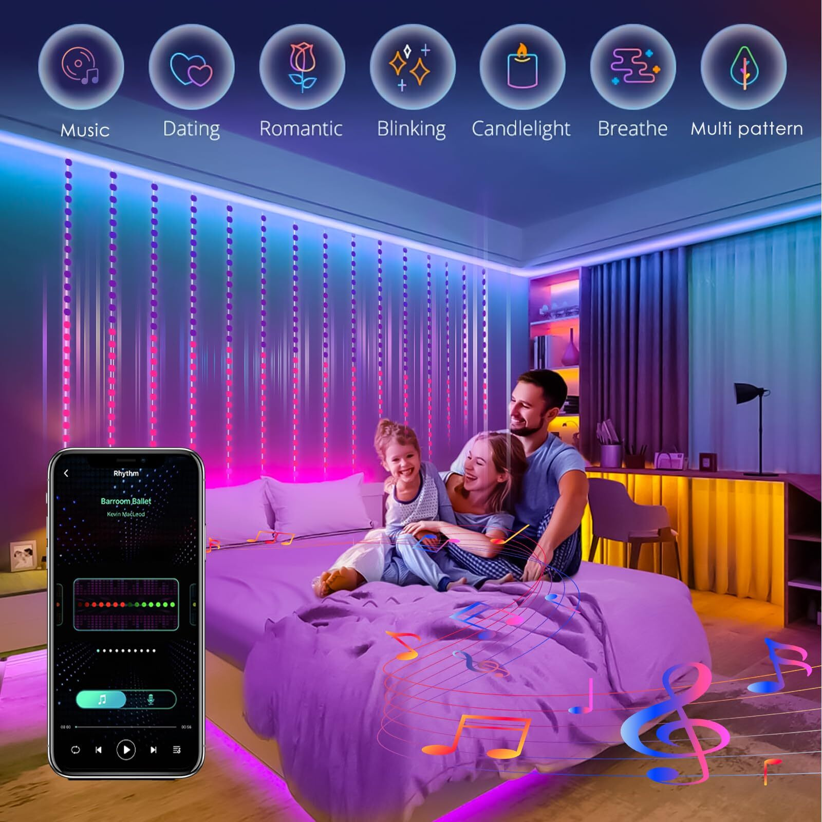 Hxweiye 400Led Smart Curtain Lights  6.6Ft X 6.6Ft Fairy Hanging Curtain String Lights With App & Remote  Dynamic Diy Color Changing Wall Lights For Indoor Bedroom Window Party Backdrop Outdoor Decor