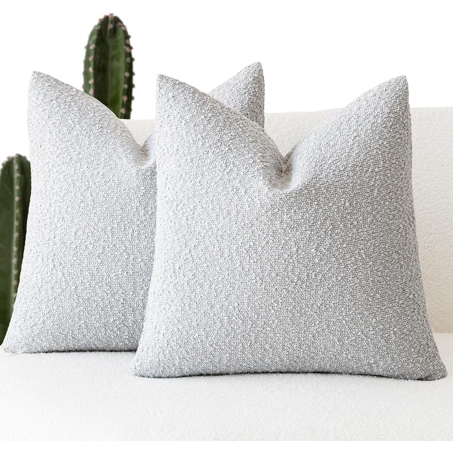 Foindtower Set Of 2  Decorative Textured Boucle Throw Pillow Covers Accent Solid Pillow Cases Neutral Soft Cozy Couch Cushion Case For Chair Sofa Bedroom Living Room Home Decor 16 X 16 Inch Light Grey