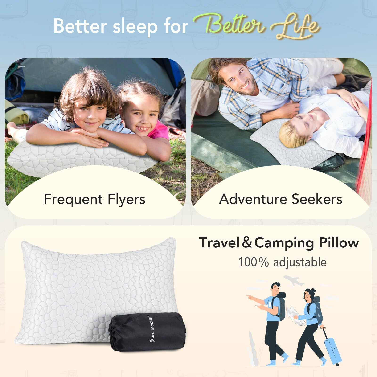 Supa Modern Cooling Bed Pillows For Sleeping 1 Pack Shredded Memory Foam Pillows Adjustable Cool Pillow For Side Back Stomach Sleepers Luxury Gel Pillows Camping Pillow With Washable Removable Cover