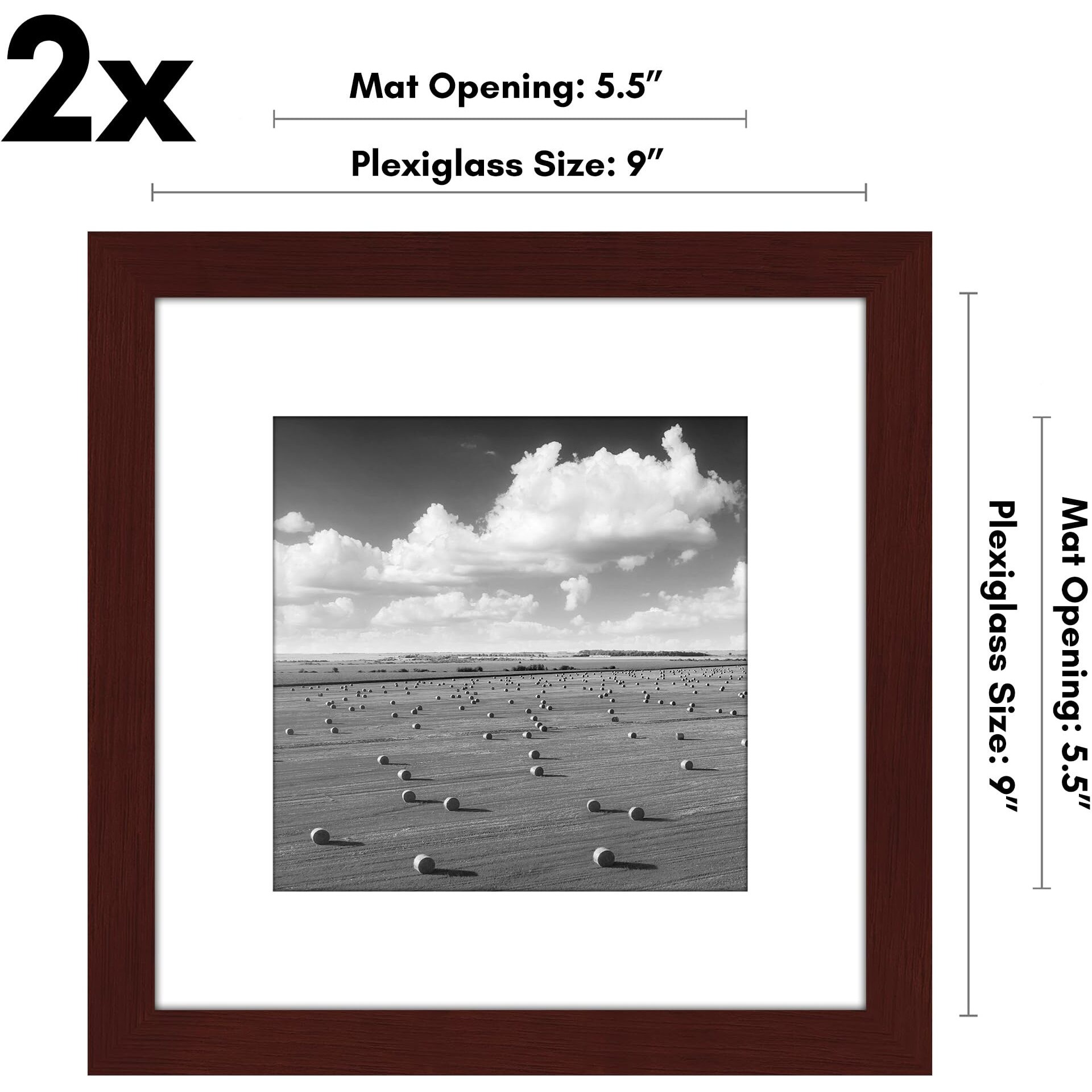 Americanflat 9X9 Picture Frame With Polished Plexiglass - Set Of 2 - Use As 6X6 Frame With Mat Or 9X9 Frame Without Mat - Galleria Collection - Gallery Frames For Tabletop And Wall Display - Mahogany