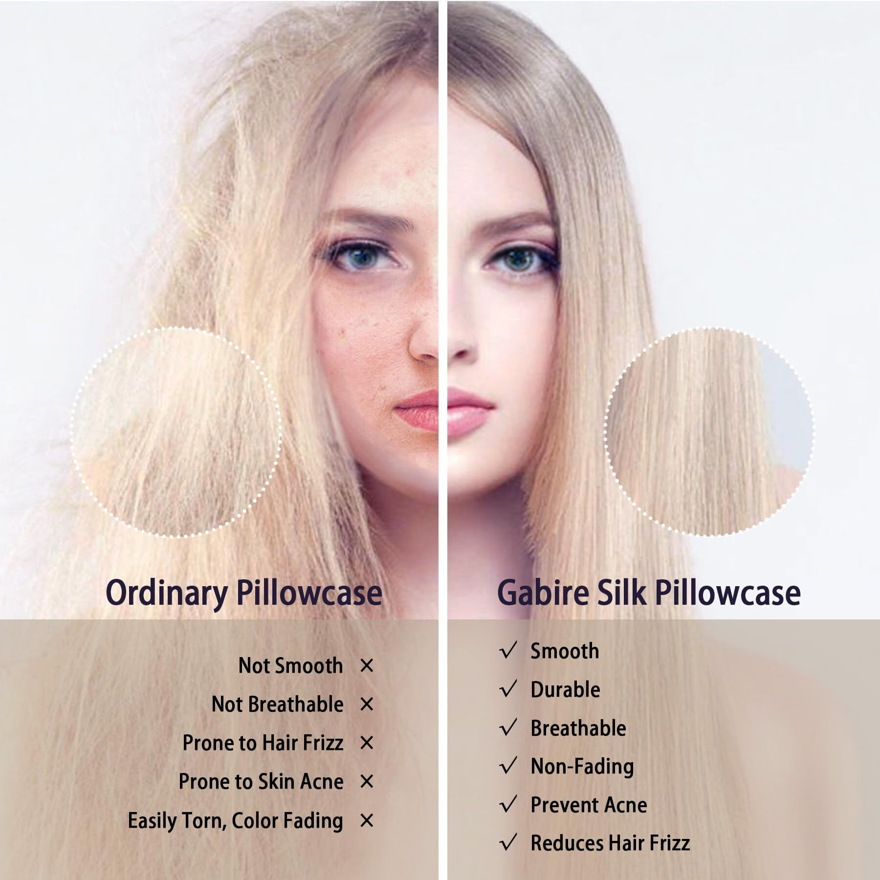 Gabire Mulberry Silk Pillow Cases Set Of 2  Both Sides Real Silk Pillowcase For Hair And Skin Prevent Acne Pillowcase Organic Silk Pillowcase 2 Pack With Hidden Zipper  White  Standard (20"&quot26"")