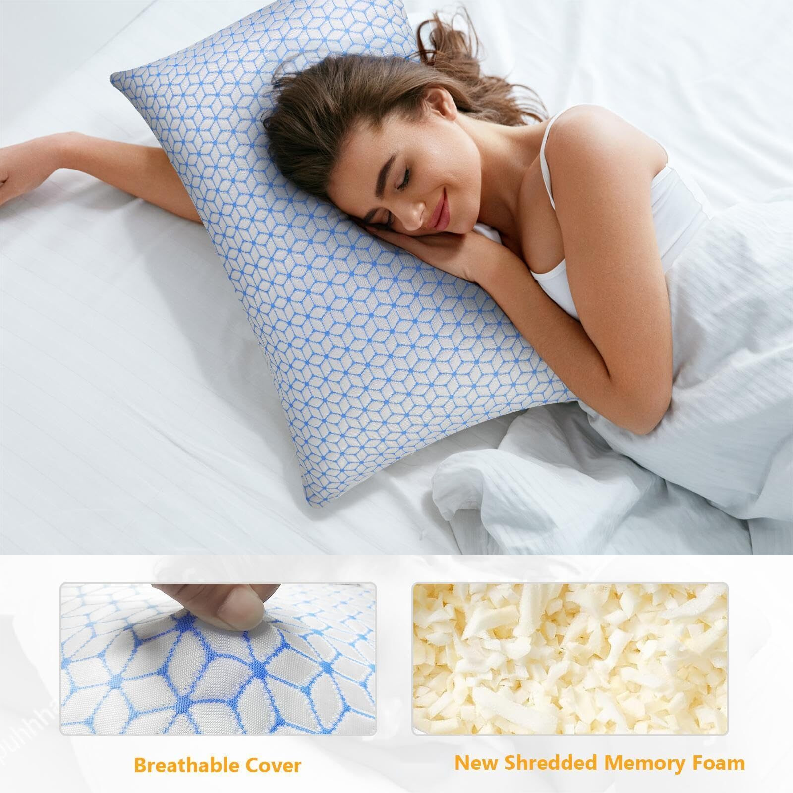 Love Attitude Bed Pillow Queen Size 1 Pack  Shredded Memory Foam Pillow Adjustable Cooling Pillow Soft And Supportive For Side Back Stomach Sleepers