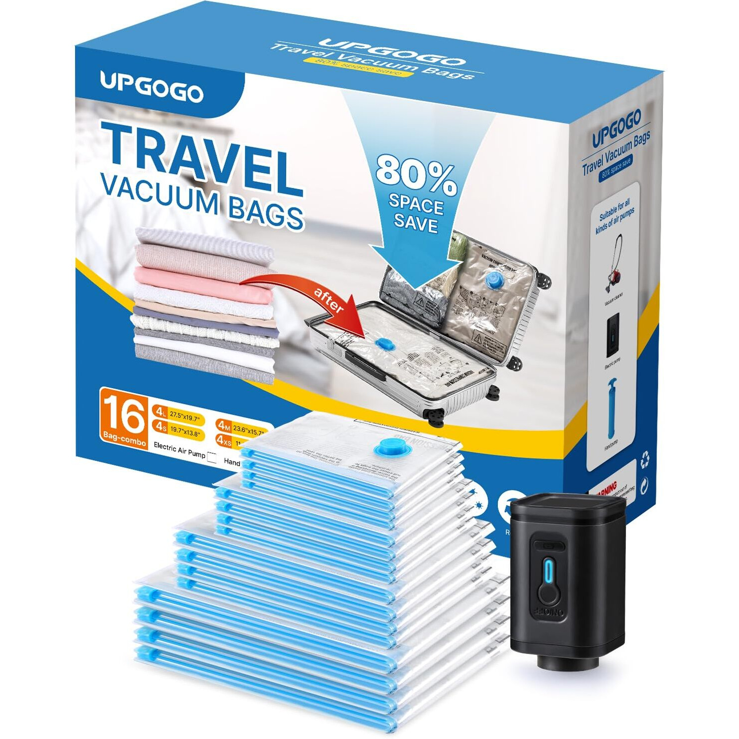 Upgogo Combo 16 Pack Travel Vacuum Bags With Prtable Electric Pump Vacuum Seal Bags For Clothing Space Saver Vacuum Storage Bags Vacuum Travel Bags For Luggage Travel Essentials