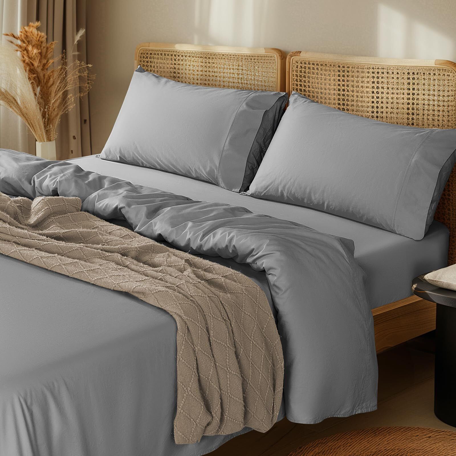 Lbro2M 1000 Thread Count 100% Egyptian Cotton Sheets Set Queen Size Bed Sheet 4 Piece Sets Long Staple 16 Inches Deep Pocket All Season Bedding Super Soft Comforterble Breathable Sateen Weave (Grey)