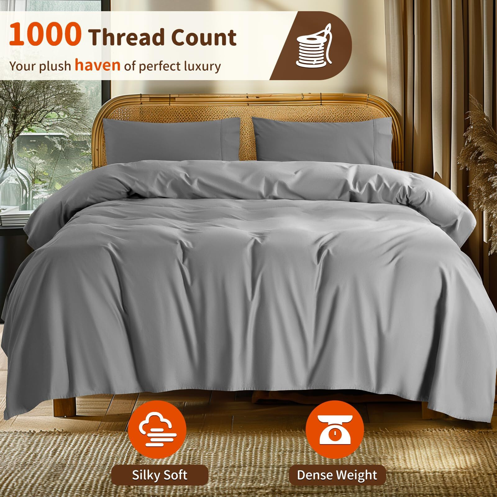Lbro2M 1000 Thread Count 100% Egyptian Cotton Sheets Set Queen Size Bed Sheet 4 Piece Sets Long Staple 16 Inches Deep Pocket All Season Bedding Super Soft Comforterble Breathable Sateen Weave (Grey)