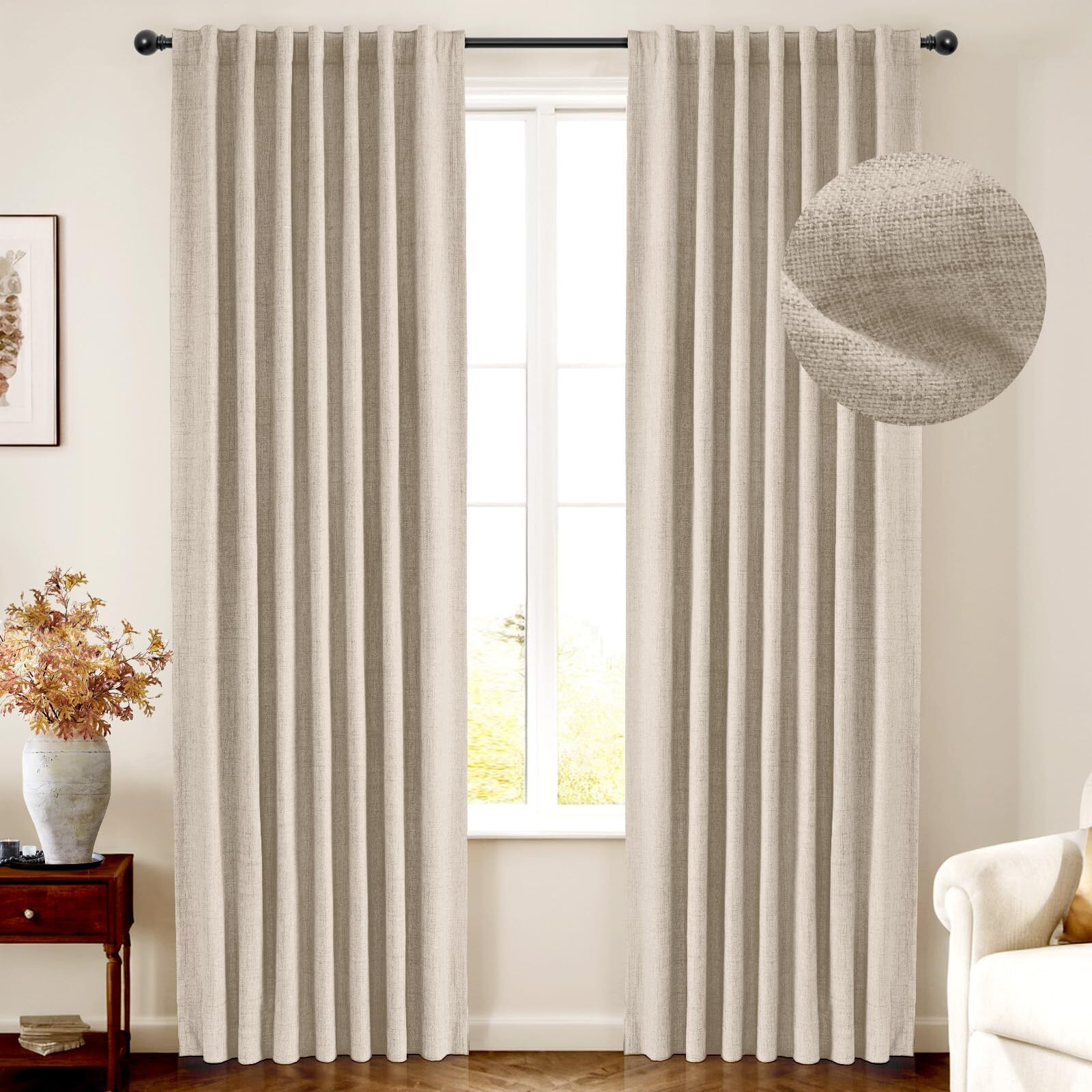 Inovaday 100% Blackout Curtains For Bedroom  Thermal Insulated Linen Blackout Curtains 84 Inch Length 2 Panels Set  Back Tab/Rod Pocket Room Darkening Curtains For Bedroom  Nursery -Oatmeal W50 X L84
