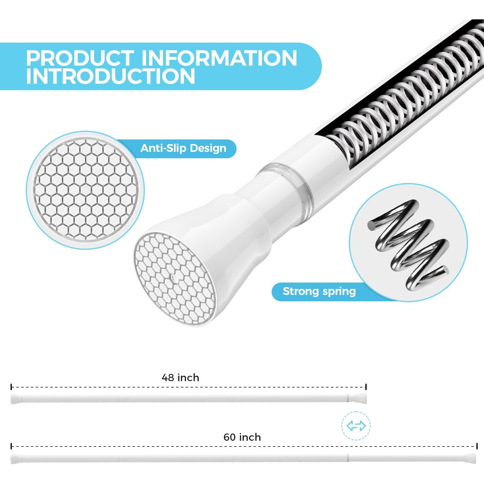 Zipglo Tension Rod Shower Tension Rod Spring Rod 33 To 59 Inches 2Pcs  Spring Curtain Rod White Tension Rod Expandable Curtain Rod Tension Curtain Tension Rods For Window  Wardrobe  Doorway  Kitchen