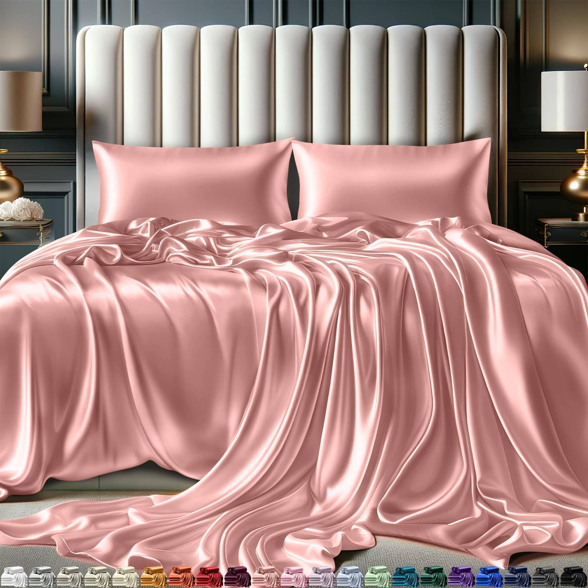 Decolure Satin Sheets King Size Bed Set 4 Pcs - Silky & Luxuriously Soft Satin Bedding W/ 15 Inch Deep Pocket - Hypoallergenic  Double Stitching  Wrinkle Free - Elegant Satin Bed Sheets (Blush Pink)