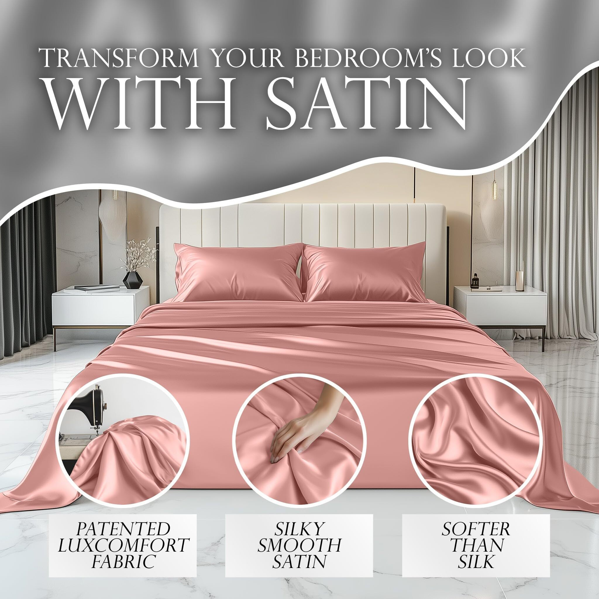 Decolure Satin Sheets King Size Bed Set 4 Pcs - Silky & Luxuriously Soft Satin Bedding W/ 15 Inch Deep Pocket - Hypoallergenic  Double Stitching  Wrinkle Free - Elegant Satin Bed Sheets (Blush Pink)