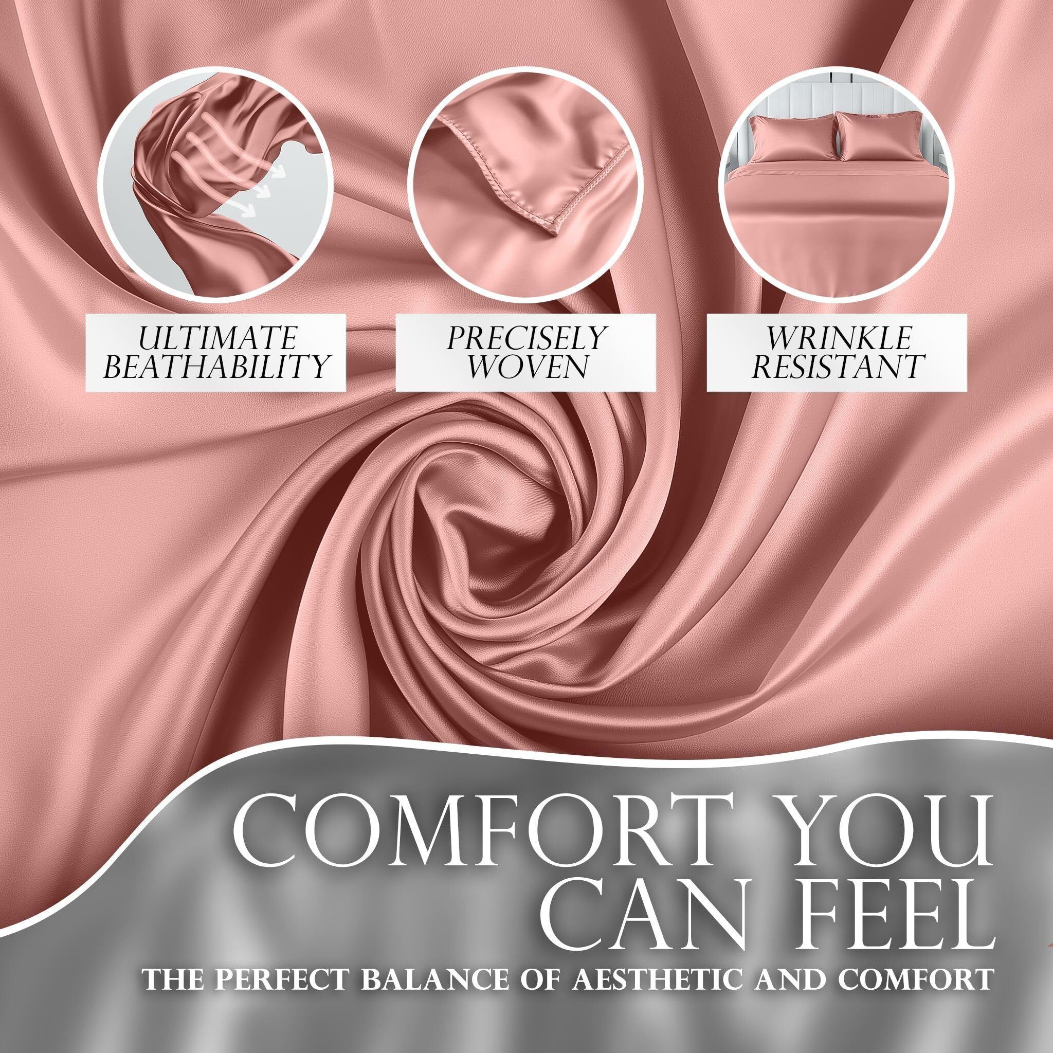 Decolure Satin Sheets King Size Bed Set 4 Pcs - Silky & Luxuriously Soft Satin Bedding W/ 15 Inch Deep Pocket - Hypoallergenic  Double Stitching  Wrinkle Free - Elegant Satin Bed Sheets (Blush Pink)