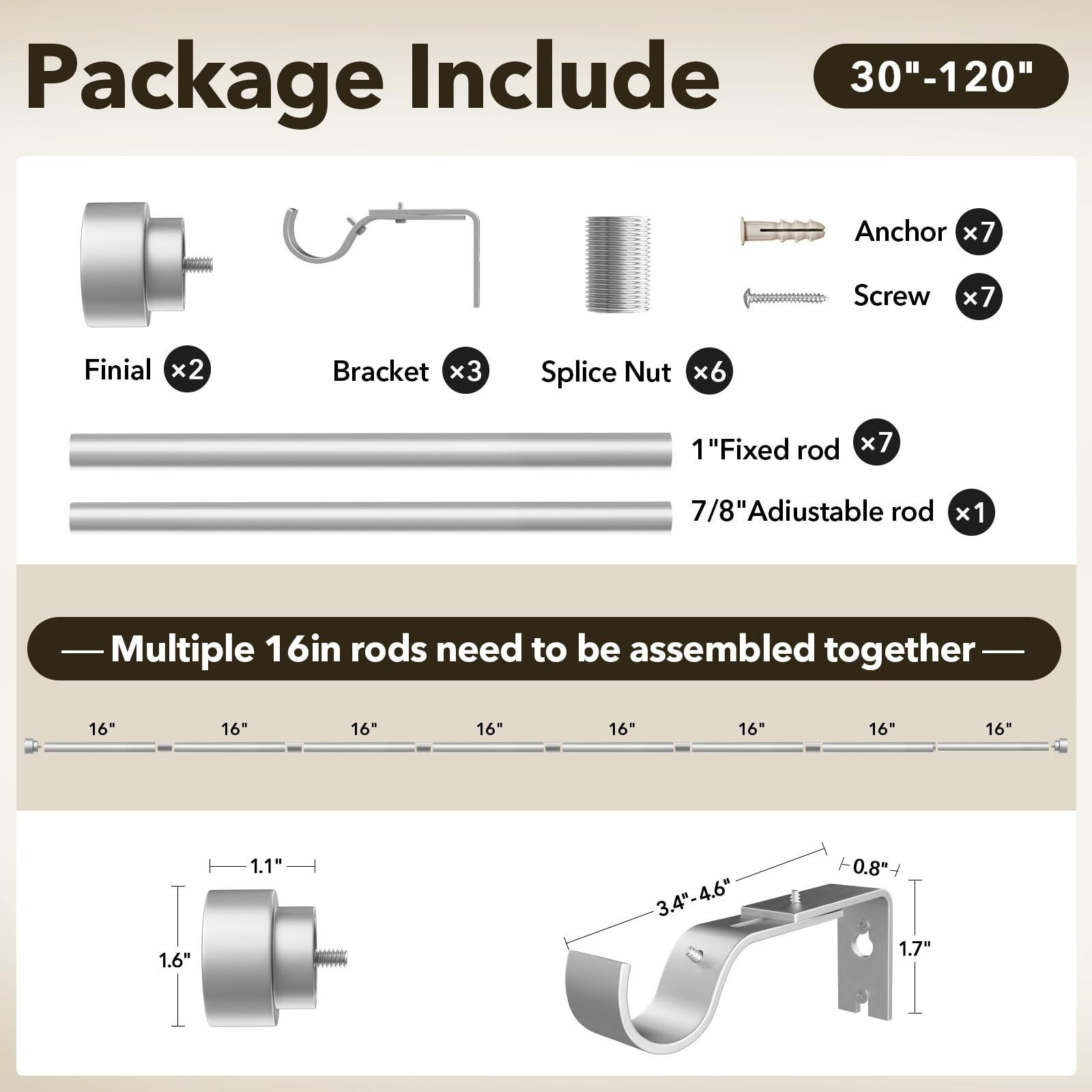 Ifels Heavy Duty Curtain Rods For Windows 66 To 120 Inch  1 Inch Silver Window Curtain Rod For Bedroom  Living Room  Outdoor  Adjustable Easy Install Long Modern Curtain Rods(A1 Silver 30""-120"")