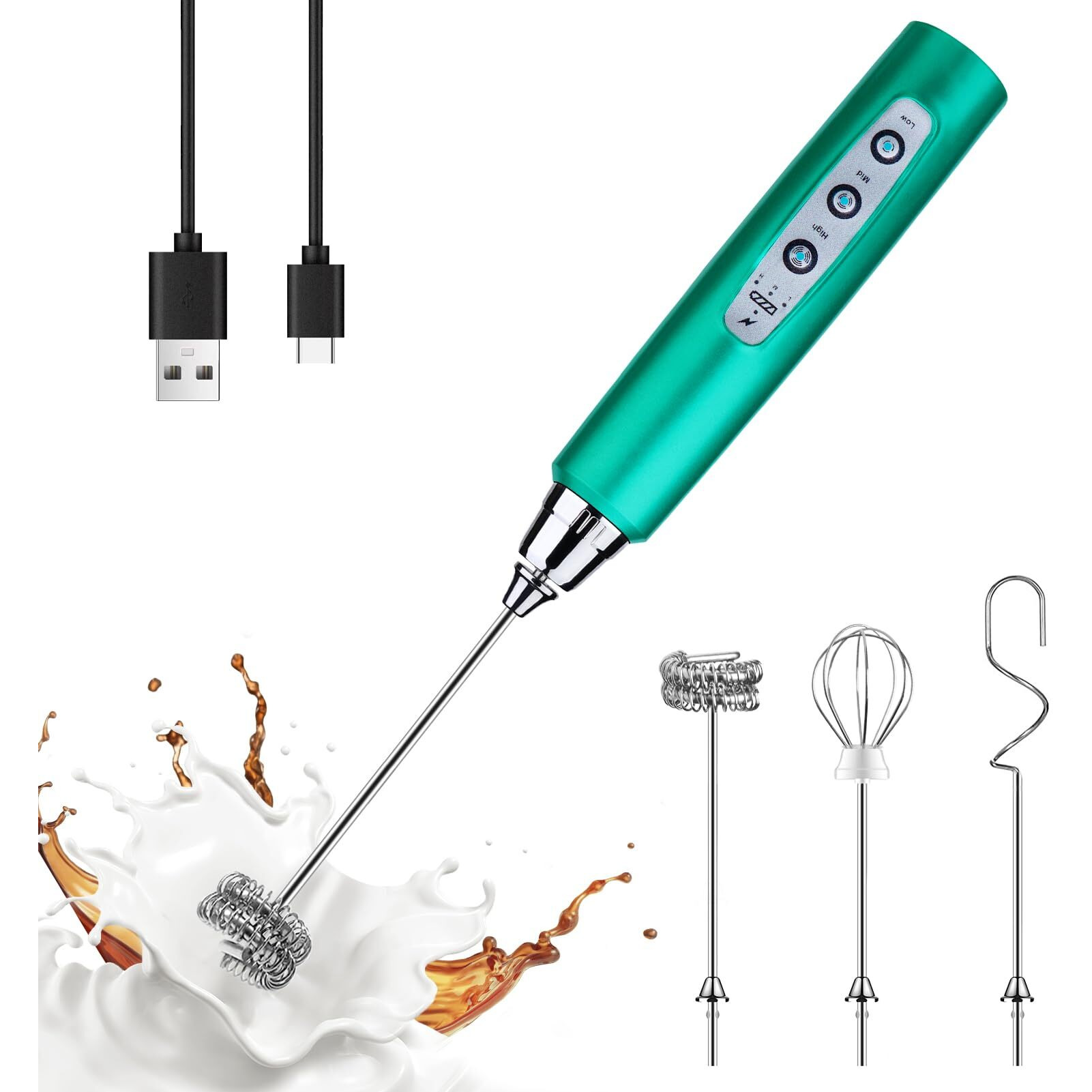 Yuswko Turquoise Handheld Milk Frother Wand For Coffee  Rechargeable Electric Whisk With 3 Heads 3 Speeds Drink Mixer Coffee Frother For Latte  Cappuccino  Hot Chocolate  Egg