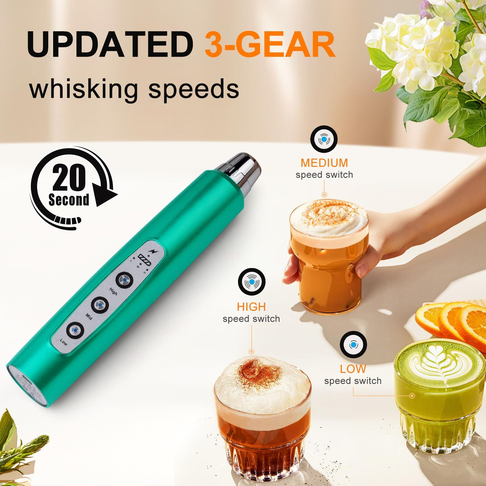 Yuswko Turquoise Handheld Milk Frother Wand For Coffee  Rechargeable Electric Whisk With 3 Heads 3 Speeds Drink Mixer Coffee Frother For Latte  Cappuccino  Hot Chocolate  Egg
