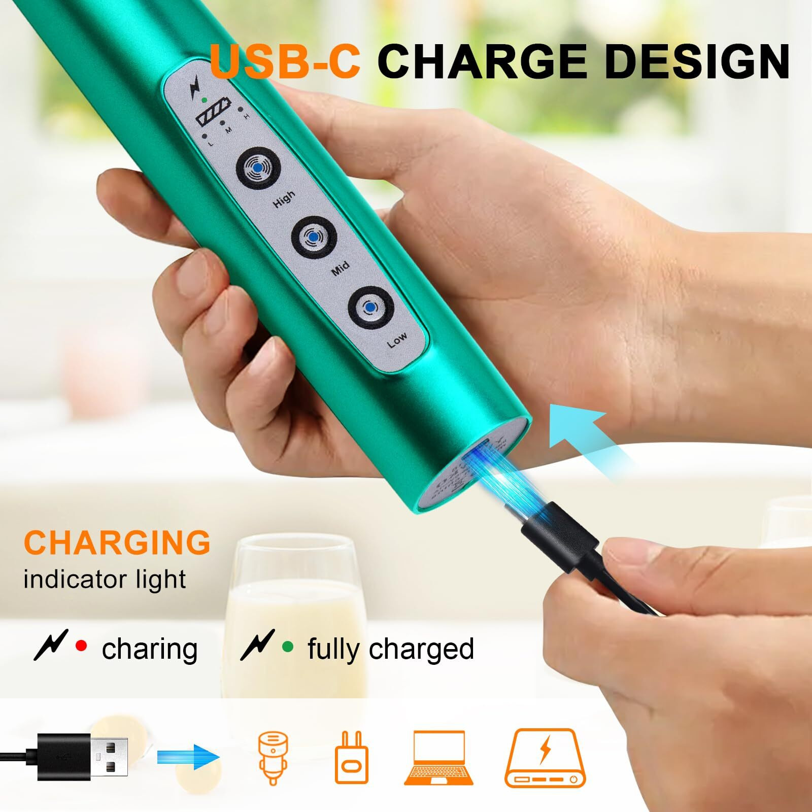 Yuswko Turquoise Handheld Milk Frother Wand For Coffee  Rechargeable Electric Whisk With 3 Heads 3 Speeds Drink Mixer Coffee Frother For Latte  Cappuccino  Hot Chocolate  Egg