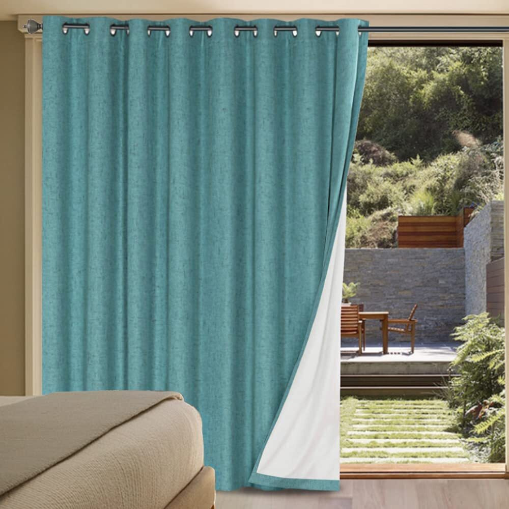 H.Versailtex Linen Blackout Curtains Durable Thick Textured Linen Look 100% Blackout Patio Door Curtain Anti Rust Grommet Extra Wide Sliding Door Curtain Panel  W100 X L84 Inch - Teal