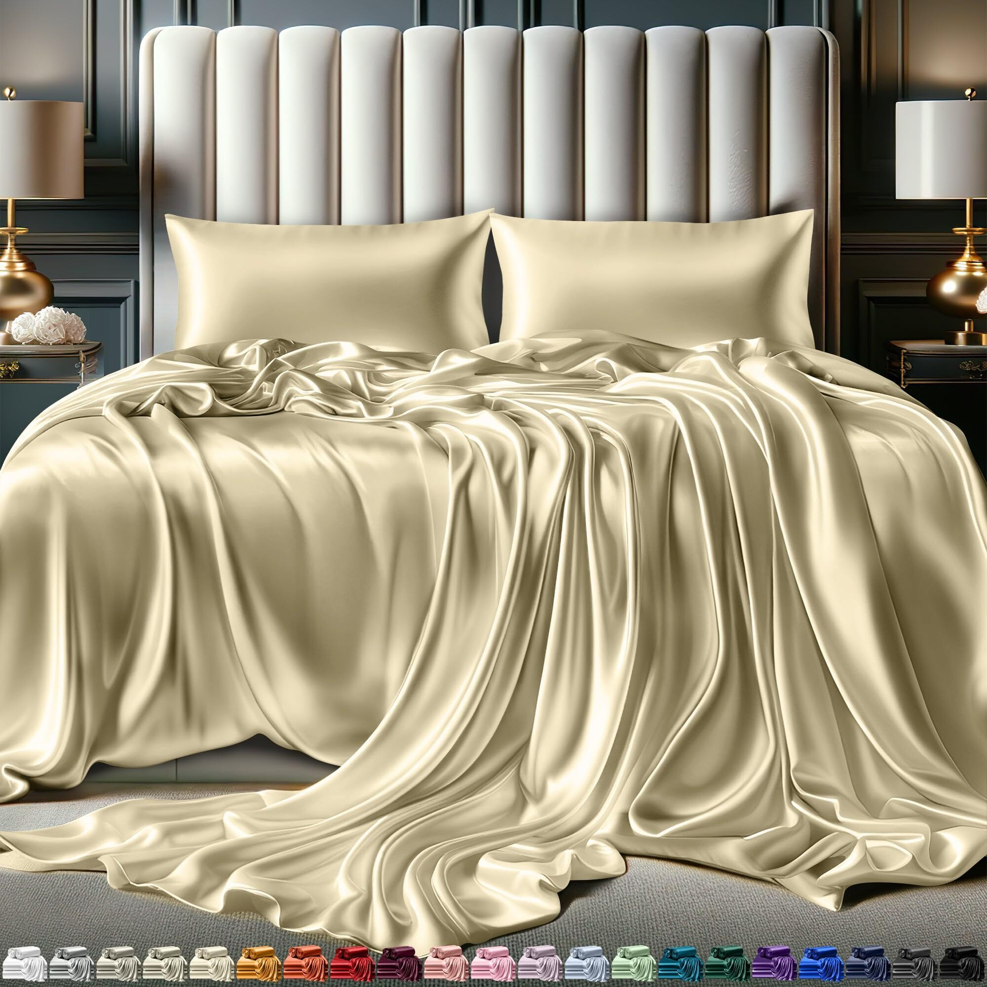 Decolure Satin Sheets King Size Set 4 Pcs - Silky & Luxuriously Soft Satin Bed Sheets W/ 15Inch Deep Pocket - Similar To Silk Sheets - Double Stitching  Wrinkle Free (Champagne)