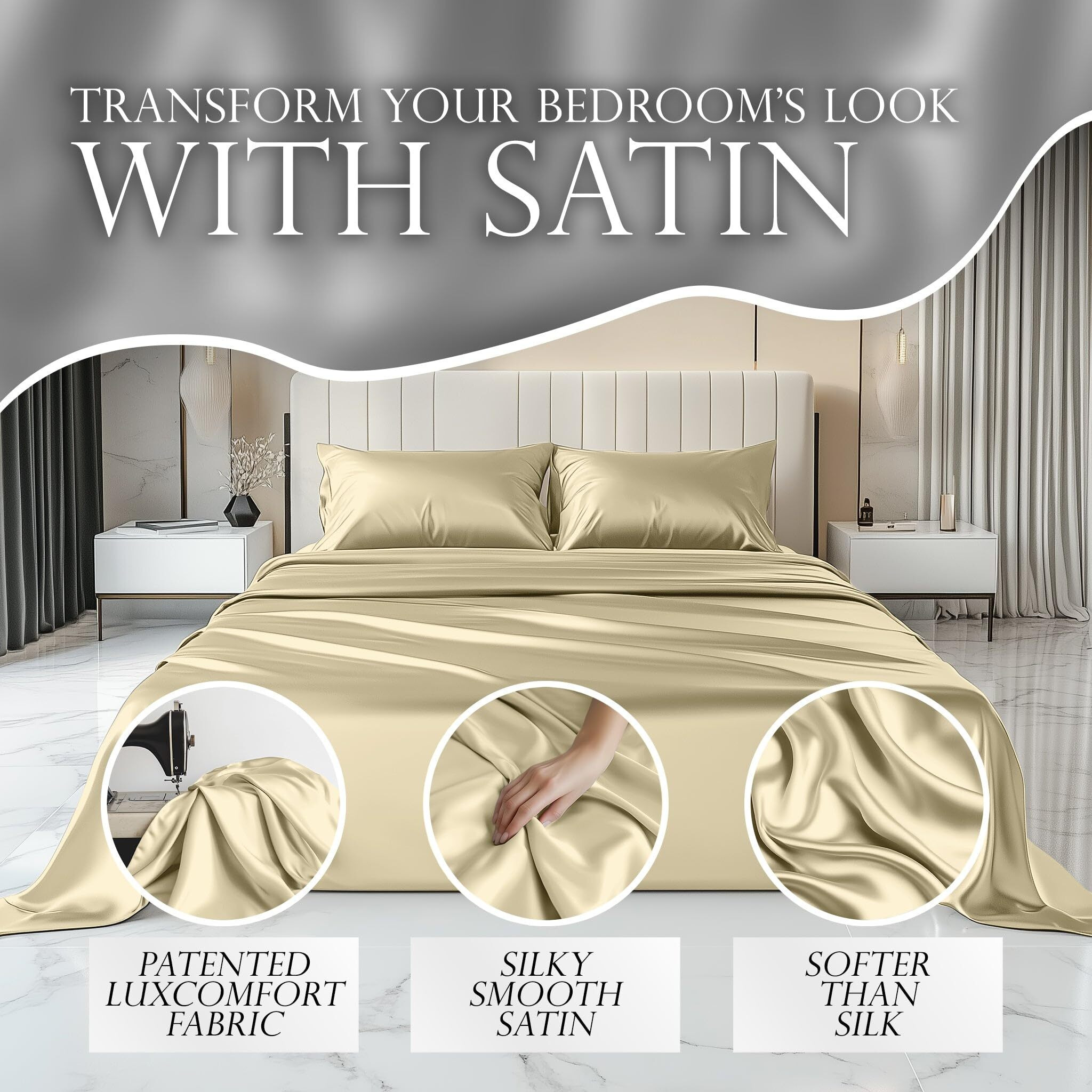 Decolure Satin Sheets King Size Set 4 Pcs - Silky & Luxuriously Soft Satin Bed Sheets W/ 15Inch Deep Pocket - Similar To Silk Sheets - Double Stitching  Wrinkle Free (Champagne)