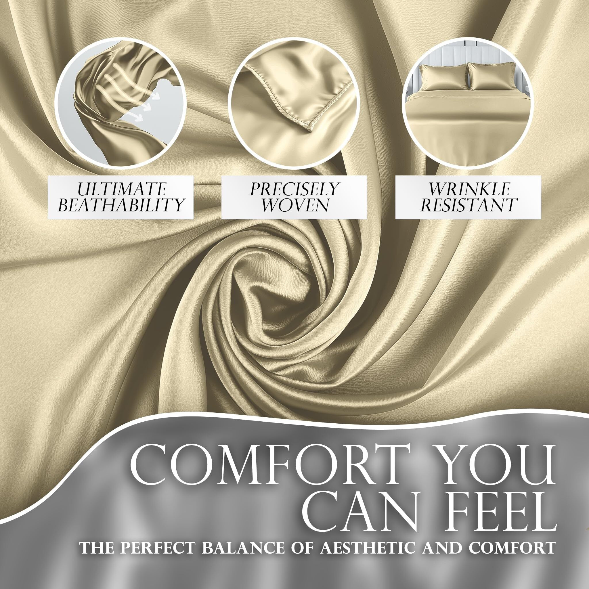 Decolure Satin Sheets King Size Set 4 Pcs - Silky & Luxuriously Soft Satin Bed Sheets W/ 15Inch Deep Pocket - Similar To Silk Sheets - Double Stitching  Wrinkle Free (Champagne)