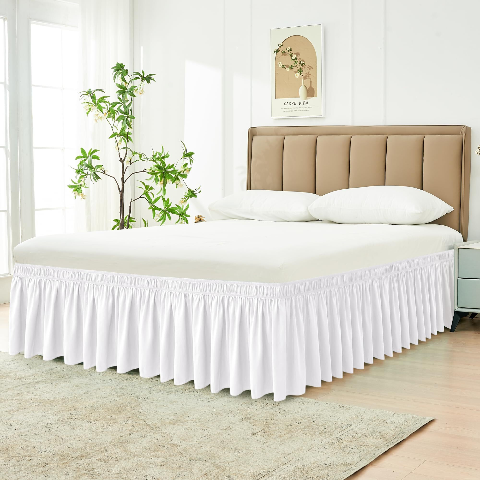 Biscaynebay Wrap Around Bed Skirts For Queen Size Beds Extra Short Drop Of 9""  White Elastic Dust Ruffles Easy Fit Wrinkle & Fade Resistant Silky Luxurious Fabric Solid Machine Washable