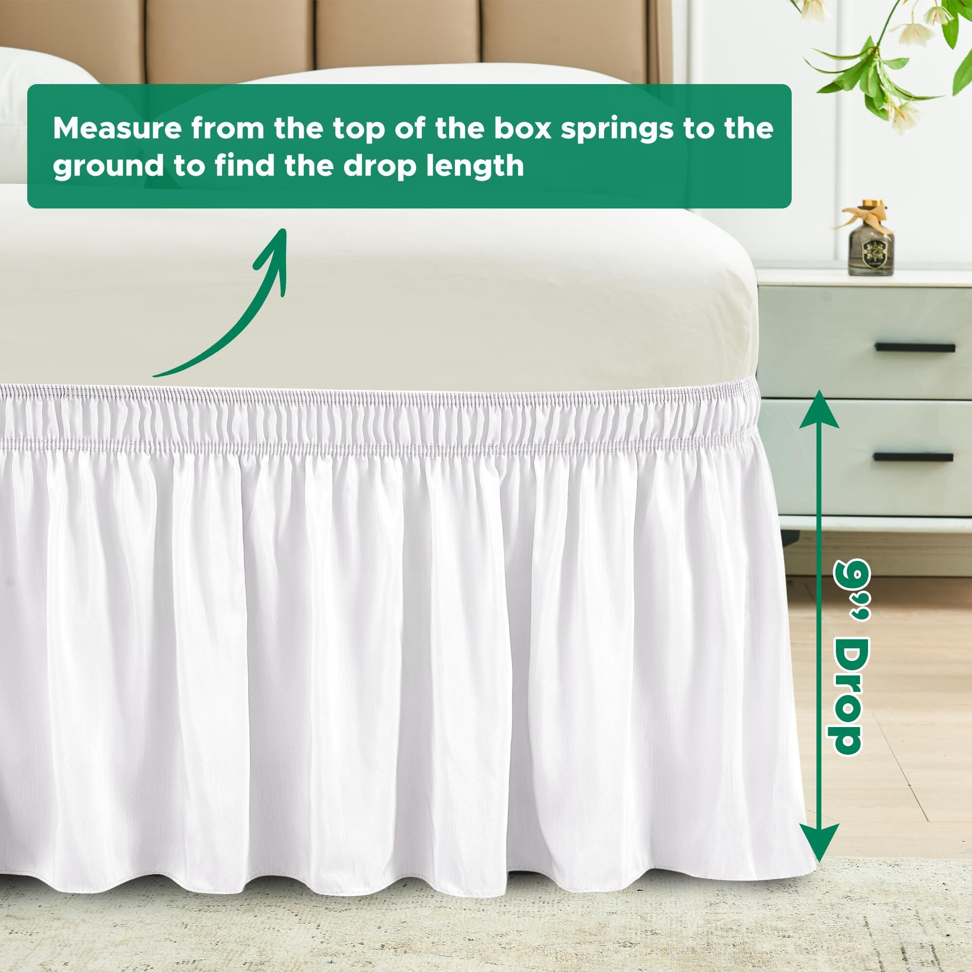 Biscaynebay Wrap Around Bed Skirts For Queen Size Beds Extra Short Drop Of 9""  White Elastic Dust Ruffles Easy Fit Wrinkle & Fade Resistant Silky Luxurious Fabric Solid Machine Washable