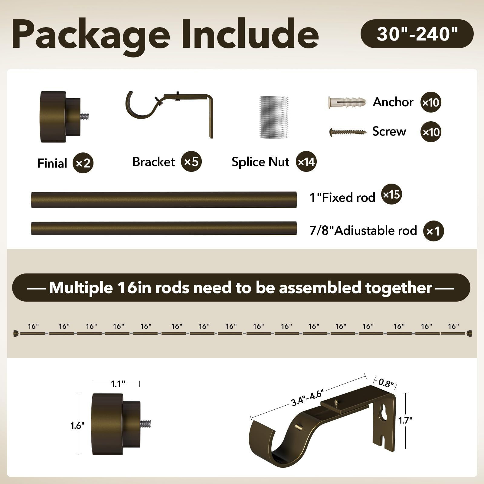 Extra Long Curtain Rods For Windows 32 To 240 Inch  1 Inch Gold Curtain Rod  Heavy Duty Curtain Rods For Patio  Farmhouse  Bedroom  Living Room  Adjustable Metal Curtain Rods (A1 Gold 32""-240"")